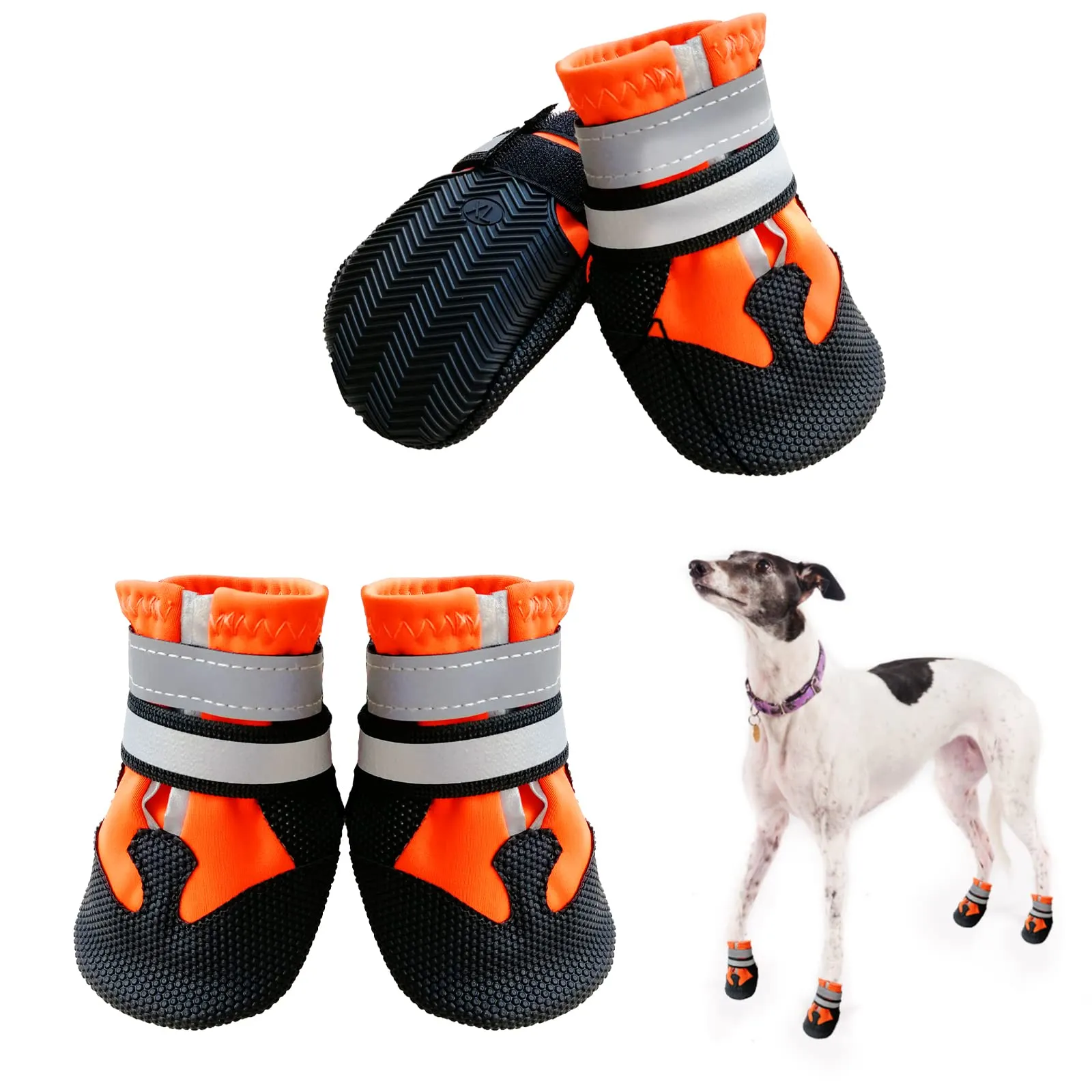 NeuWee Scarpe per Cani, 4 Pezzi scarpe per cani impermeabili con cinturini riflettenti, Suola antiscivolo Protezioni per zampe Stivali per Cani per cani di taglia piccola e media (XXL, arancia) - immagine 1
