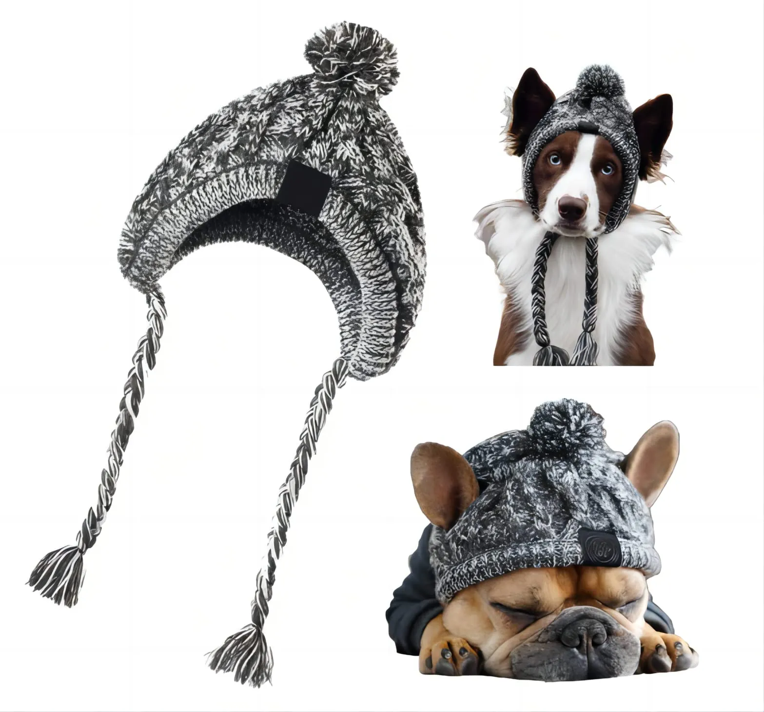 FainFun Berretto invernale per cani – Cappello lavorato a maglia caldo e soffice con treccia lunga - Grigio (M) - immagine 1