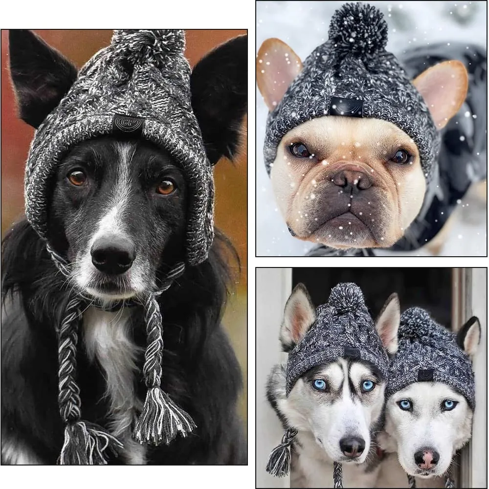 FainFun Berretto invernale per cani – Cappello lavorato a maglia caldo e soffice con treccia lunga - Grigio (M) - immagine 4