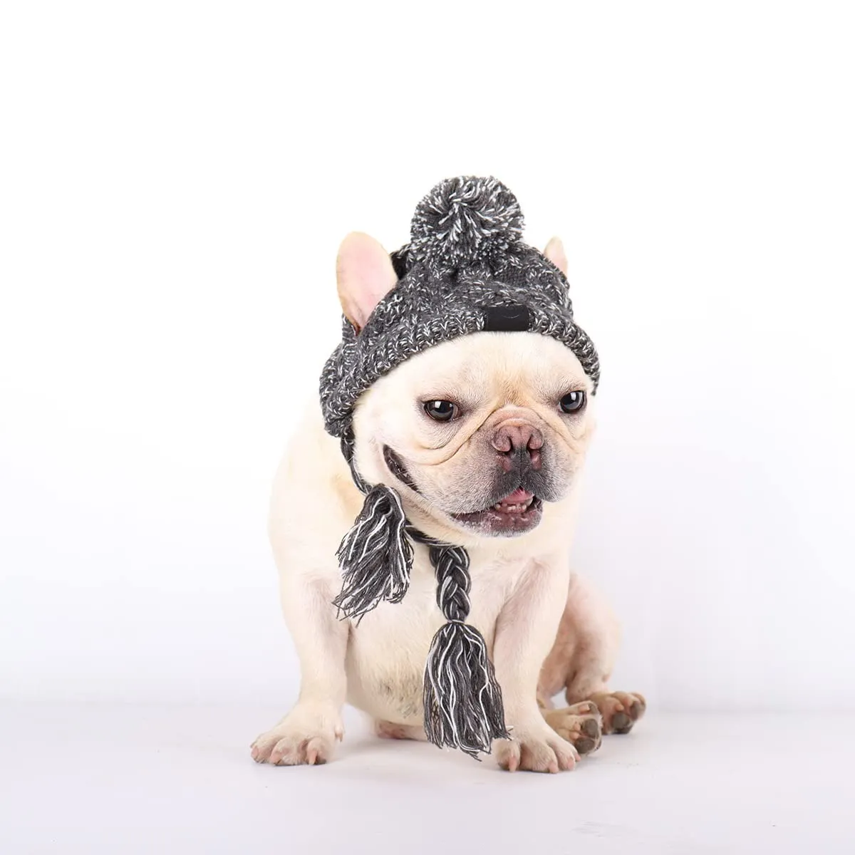 FainFun Berretto invernale per cani – Cappello lavorato a maglia caldo e soffice con treccia lunga - Grigio (M) - immagine 5