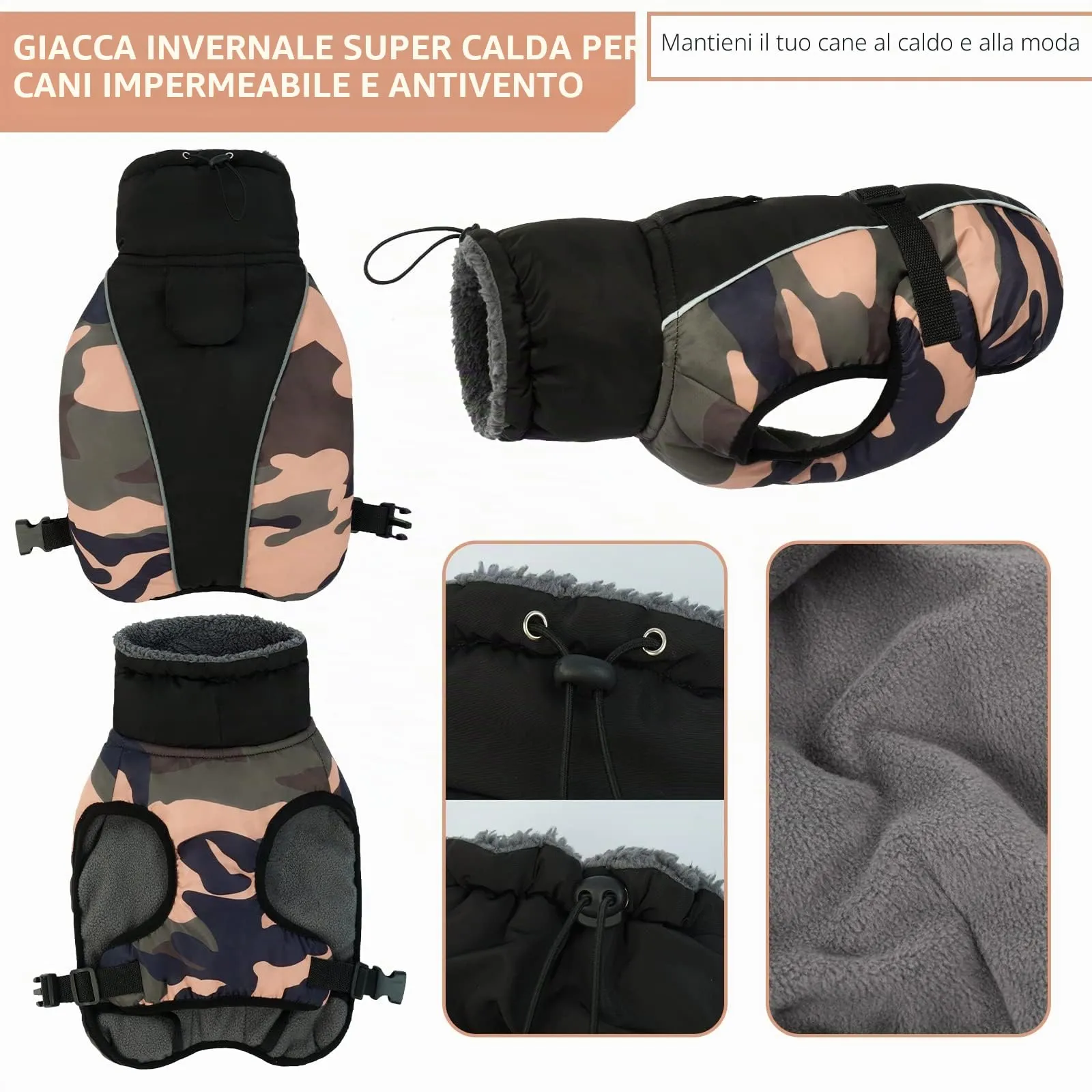 Hjyokuso Cappotto per cani impermeabile Giacca invernale calda, Giacca per cani antivento Abbigliamento per cani Completo per cani di taglia piccola di taglia media Con Striscia Riflettente - immagine 4