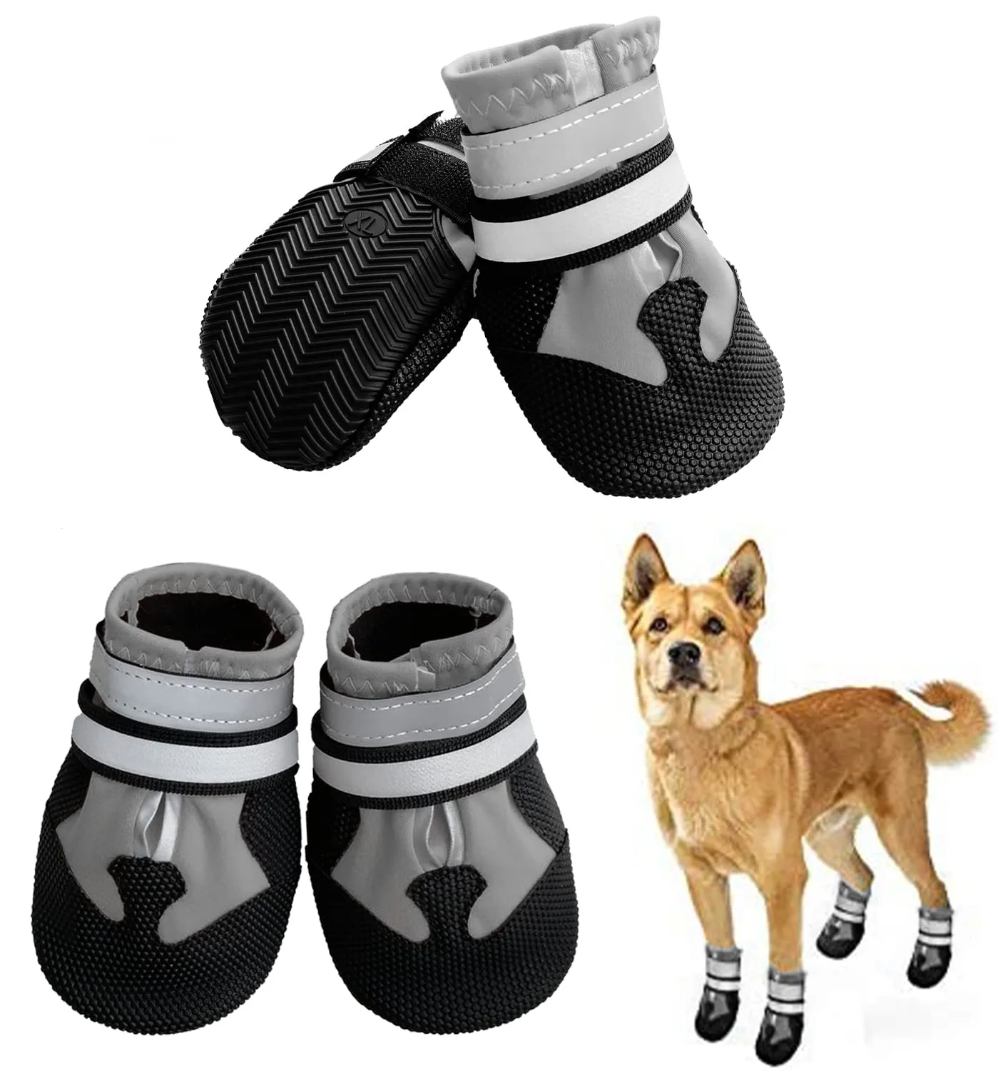NeuWee scarpe per cani, Set di 4 Stivali per cani impermeabili con cinturini riflettenti, antiscivolo Protezioni per zampe da esterno Scarpe per cani di taglia piccola, media e Grande(XXL, Grigio) - immagine 1