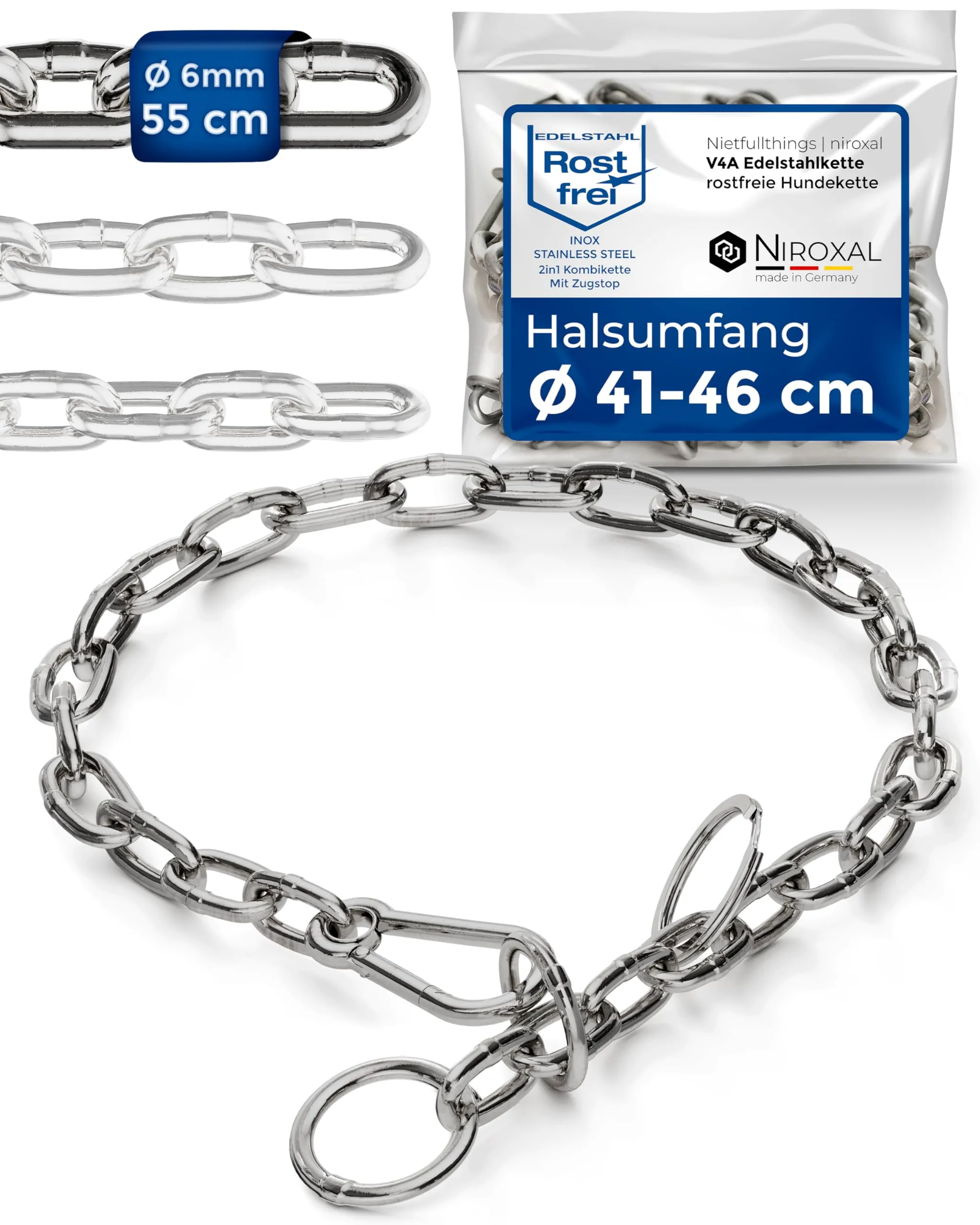 Collare cane acciaio inox A4 V4A Ø6 mm – lunghezza totale 80 cm – con moschettone – maglia corta per controllo preciso – per circonferenza collo 71–76 cm - immagine 1