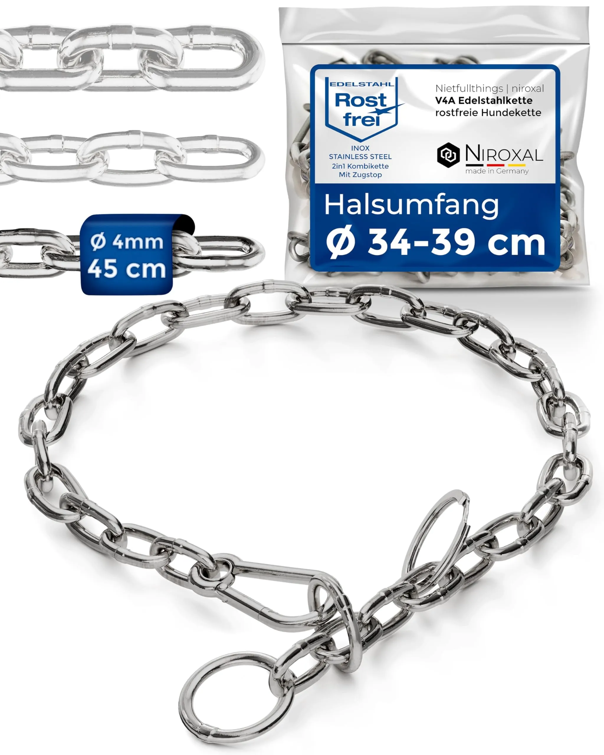 Collare cane acciaio inox A4 V4A Ø4 mm – lunghezza totale 55 cm – con moschettone – maglia corta per controllo preciso – per circonferenza collo 44–49 cm - immagine 1