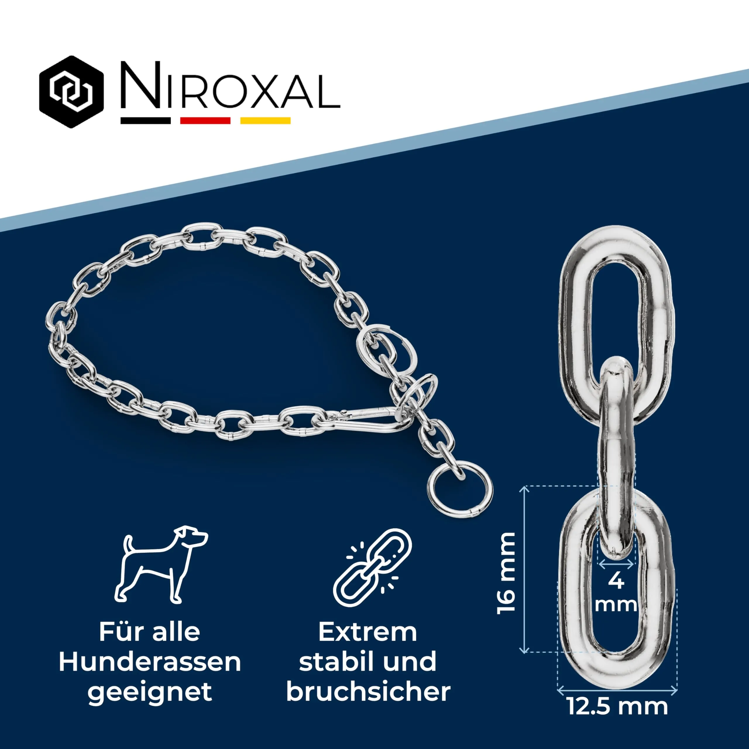 Collare cane acciaio inox A4 V4A Ø4 mm – lunghezza totale 55 cm – con moschettone – maglia corta per controllo preciso – per circonferenza collo 44–49 cm - immagine 3