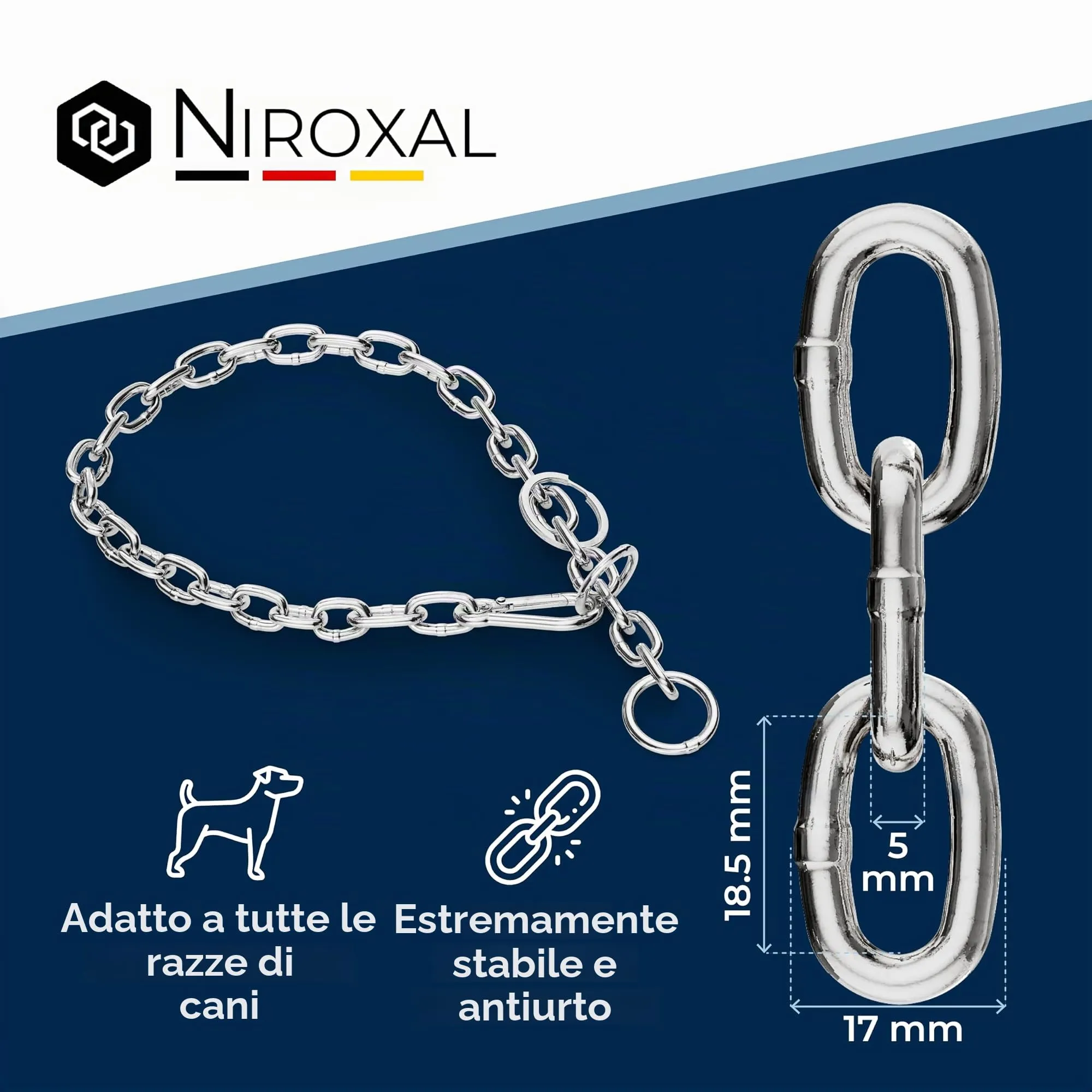 Collare cane acciaio inox A4 V4A Ø5 mm – lunghezza totale 55 cm – con moschettone – maglia corta per controllo preciso – per circonferenza collo 43–48 cm - immagine 3
