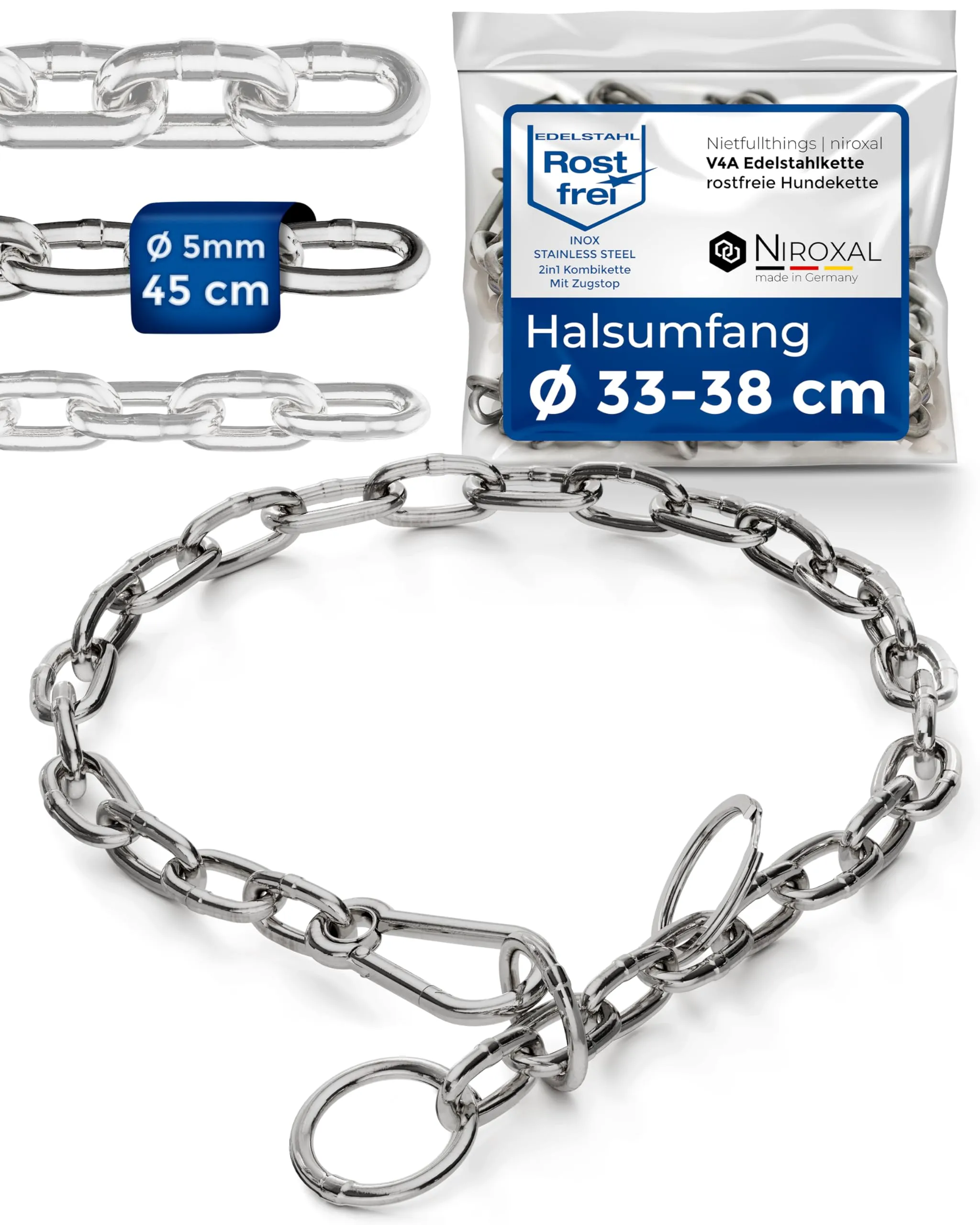 Collare cane acciaio inox A4 V4A Ø5 mm – lunghezza totale 50 cm – con moschettone – maglia corta per controllo preciso – per circonferenza collo 38–43 cm - immagine 1
