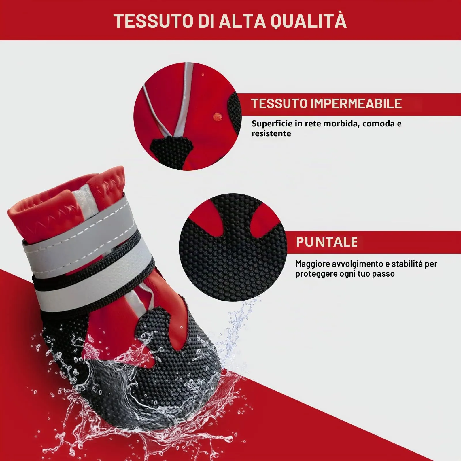 NeuWee Stivali per cani, Set di 4 scarpe per cani impermeabili con cinturini riflettenti, Suola antiscivolo Protezioni per zampe da esterno Scarpe per cani di taglia piccola, media e Grande (L, Rosso) - immagine 3