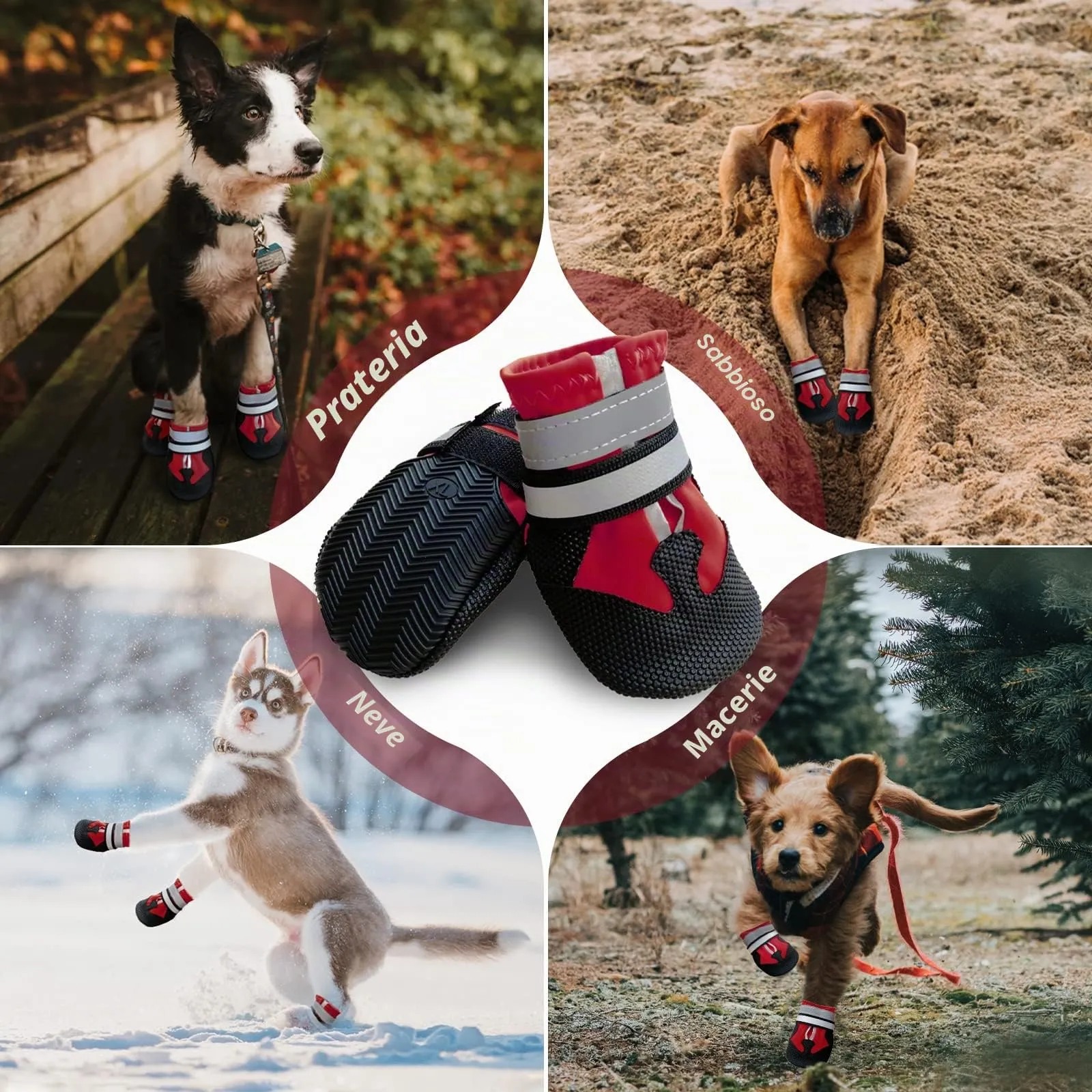 NeuWee Stivali per cani, Set di 4 scarpe per cani impermeabili con cinturini riflettenti, Suola antiscivolo Protezioni per zampe da esterno Scarpe per cani di taglia piccola, media e Grande (L, Rosso) - immagine 7