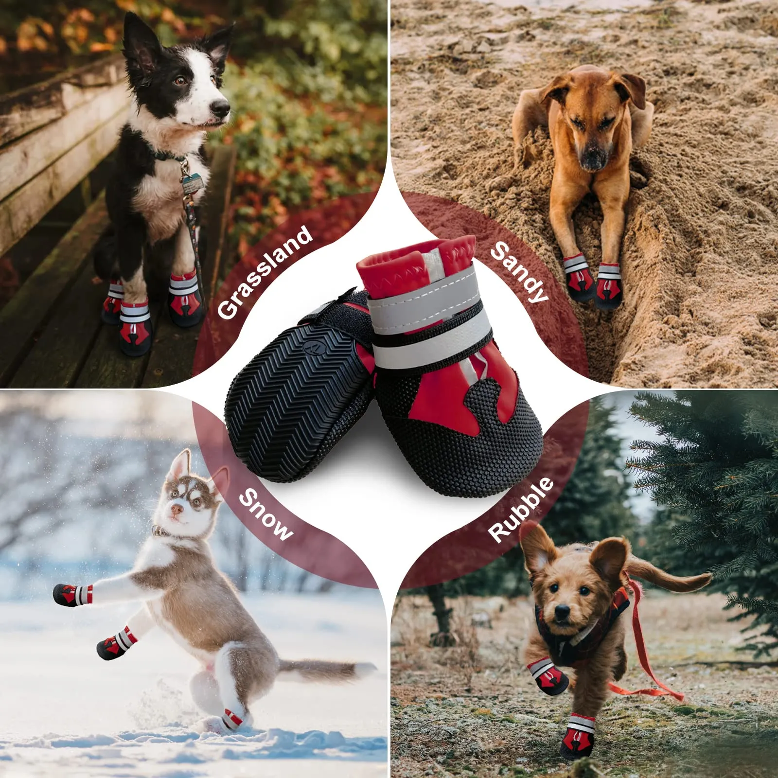 NeuWee Stivali per cani, Set di 4 scarpe per cani impermeabili con cinturini riflettenti Suola antiscivolo Protezioni per zampe da esterno Scarpe per cani di taglia piccola media e Grande (XXL, Rosso) - immagine 7