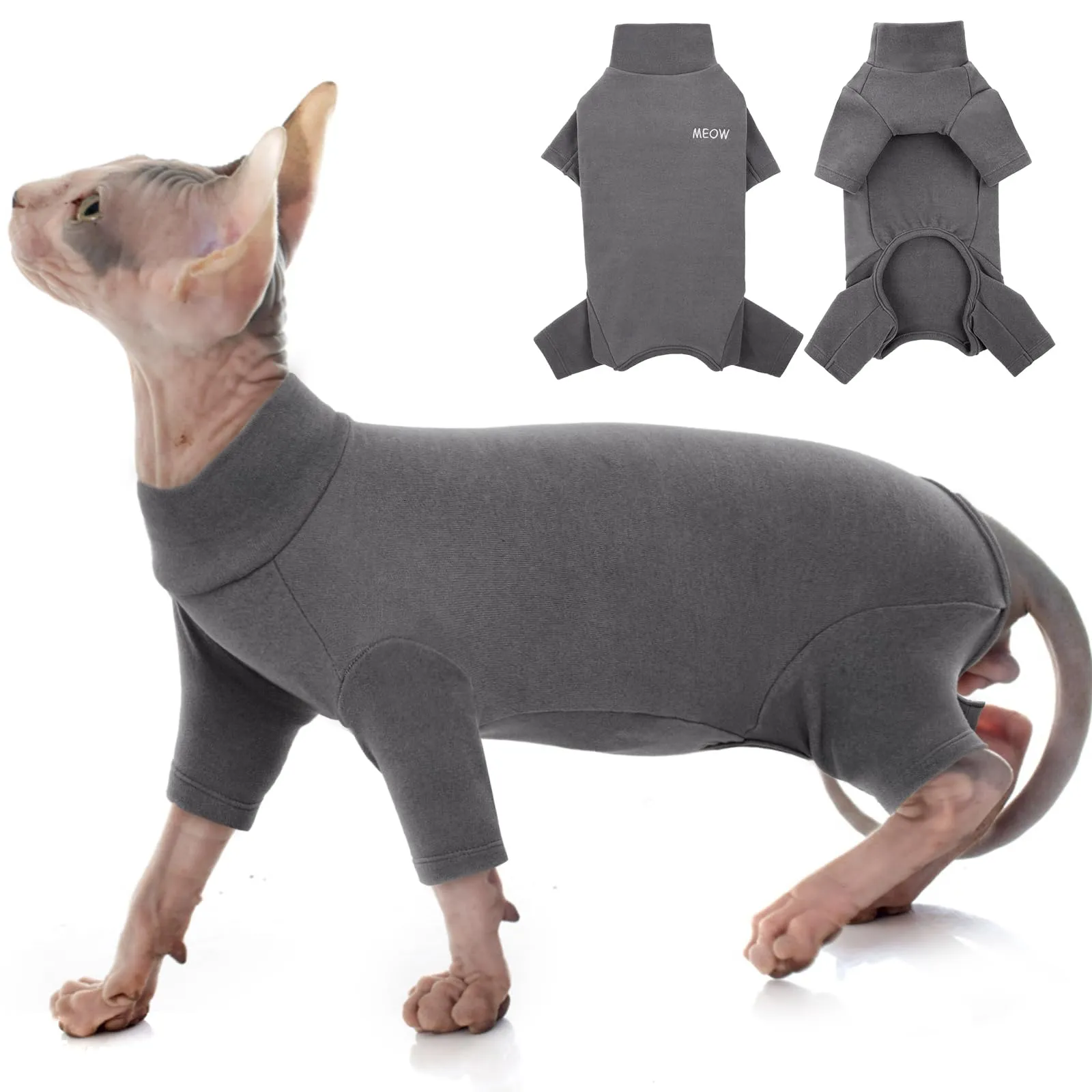Pullover per Gatti Sphynx - Maglia a Collo Alto per Gatti Senza Peli, Felpa Calda Invernale Con Maniche per Cornish Rex/Devon Rex/Peterbald (Grigio, S) - immagine 1