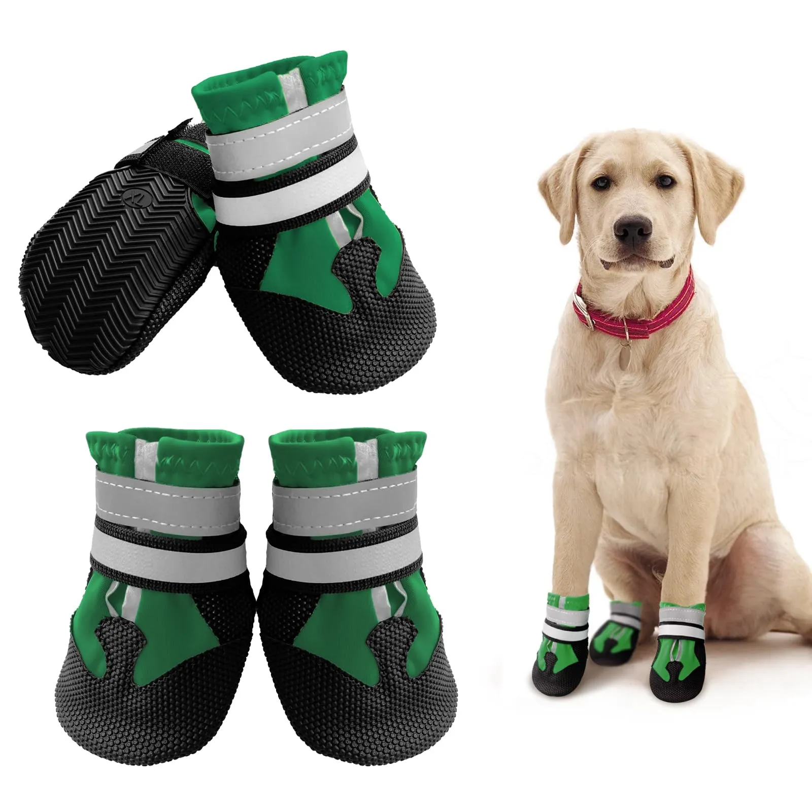 NeuWee Stivali per Cani, Set di 4 Scarpe per Cani Impermeabili con Cinturini Riflettenti, Suola Antiscivolo, Protezioni per Zampe da Esterno Scarpe per Cani di Taglia Piccola, Media e Grande(M, Verde) - immagine 1