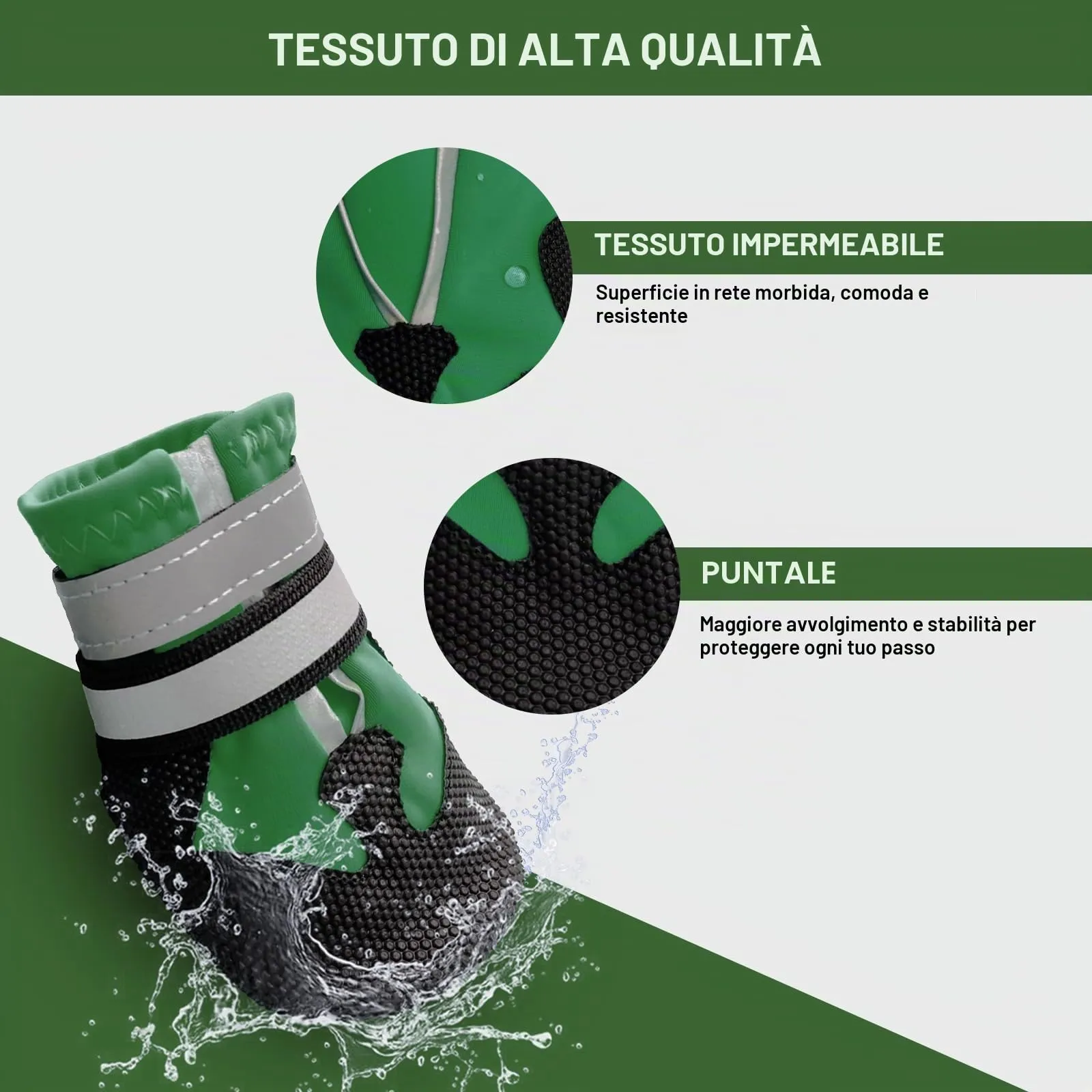 NeuWee Stivali per Cani, Set di 4 Scarpe per Cani Impermeabili con Cinturini Riflettenti, Suola Antiscivolo, Protezioni per Zampe da Esterno Scarpe per Cani di Taglia Piccola, Media e Grande(M, Verde) - immagine 3