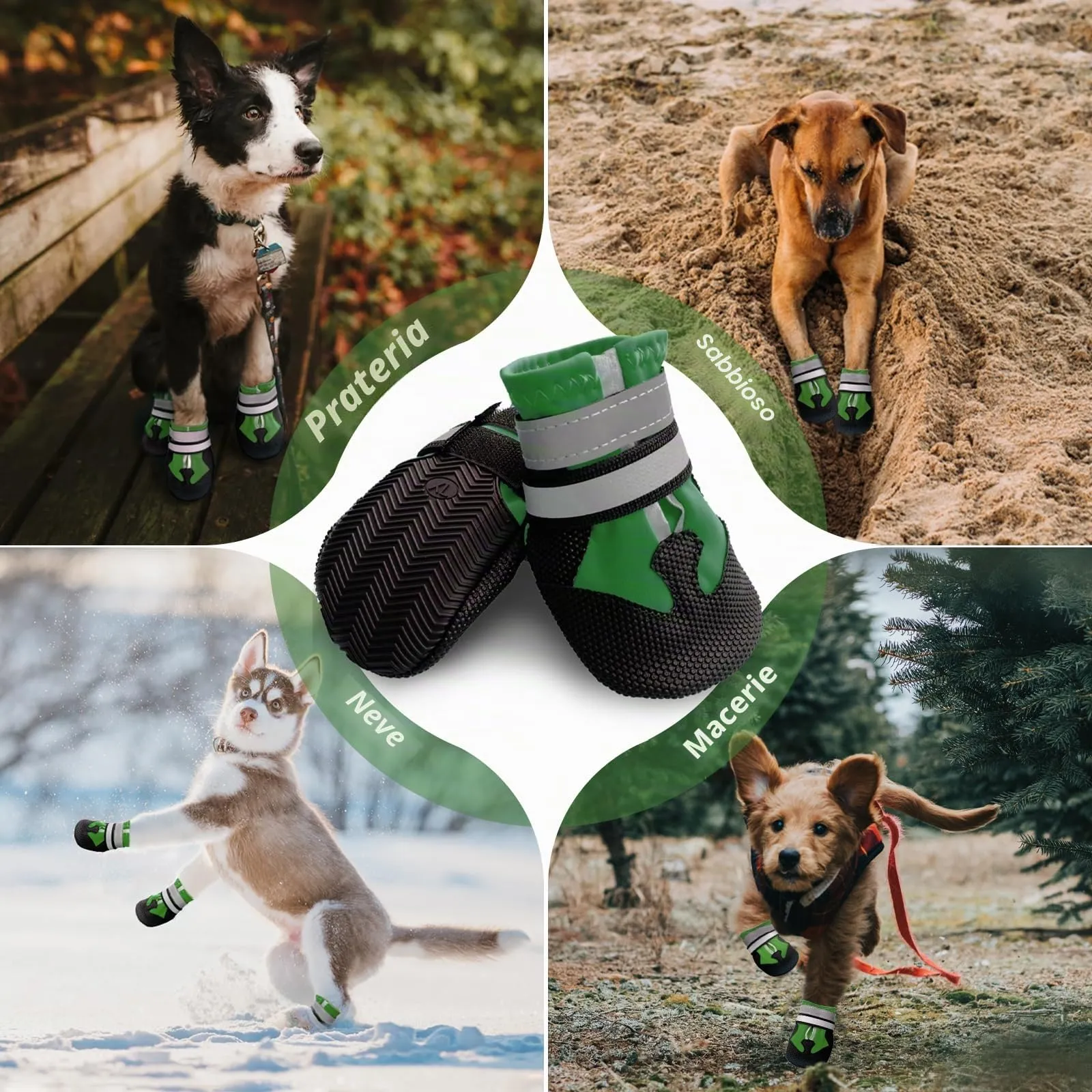 NeuWee Stivali per Cani, Set di 4 Scarpe per Cani Impermeabili con Cinturini Riflettenti Suola Antiscivolo, Protezioni per Zampe da Esterno Scarpe per Cani di Taglia Piccola, Media e Grande(XL, Verde) - immagine 3