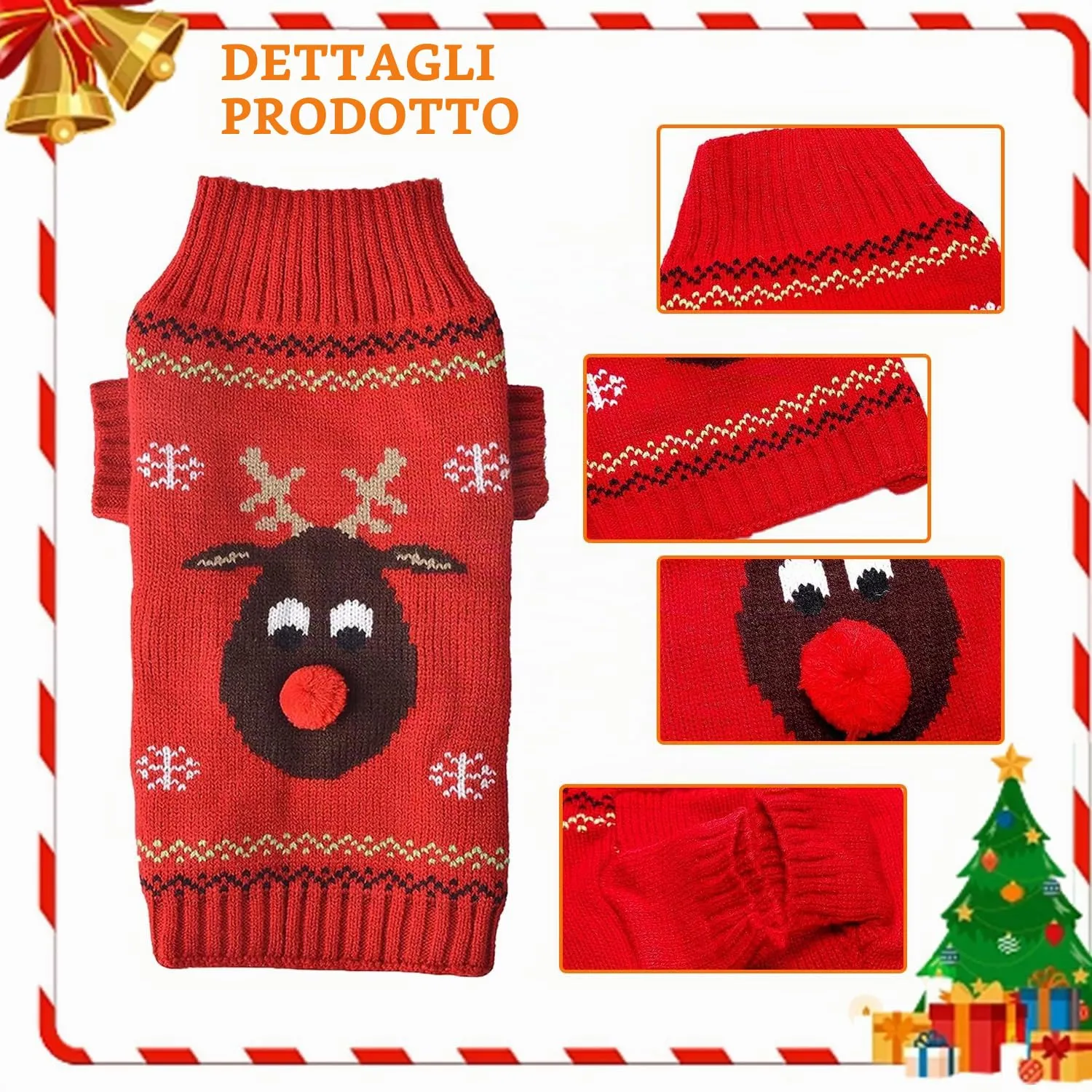 Maglioncino Natalizio per Cane o Gatto, Maglione Caldo per l’Inverno, Lavorato a Maglia (Cervo dal Naso Rosso, L) - immagine 3