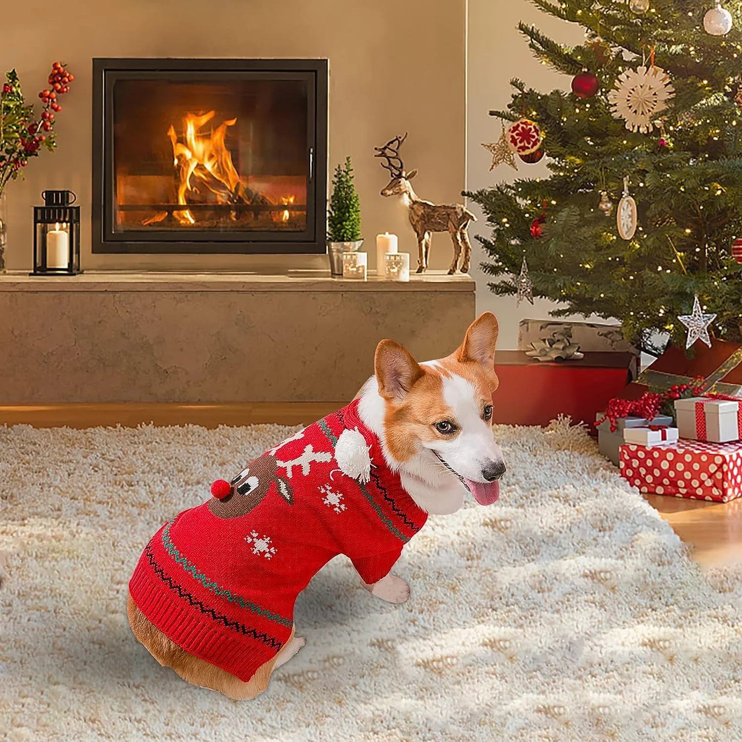 Maglioncino Natalizio per Cane o Gatto, Maglione di Natale per Cani e Gatti, Lavorato a Maglia, Caldo per l’Inverno (Cervo dal Naso Rosso, M) - immagine 5