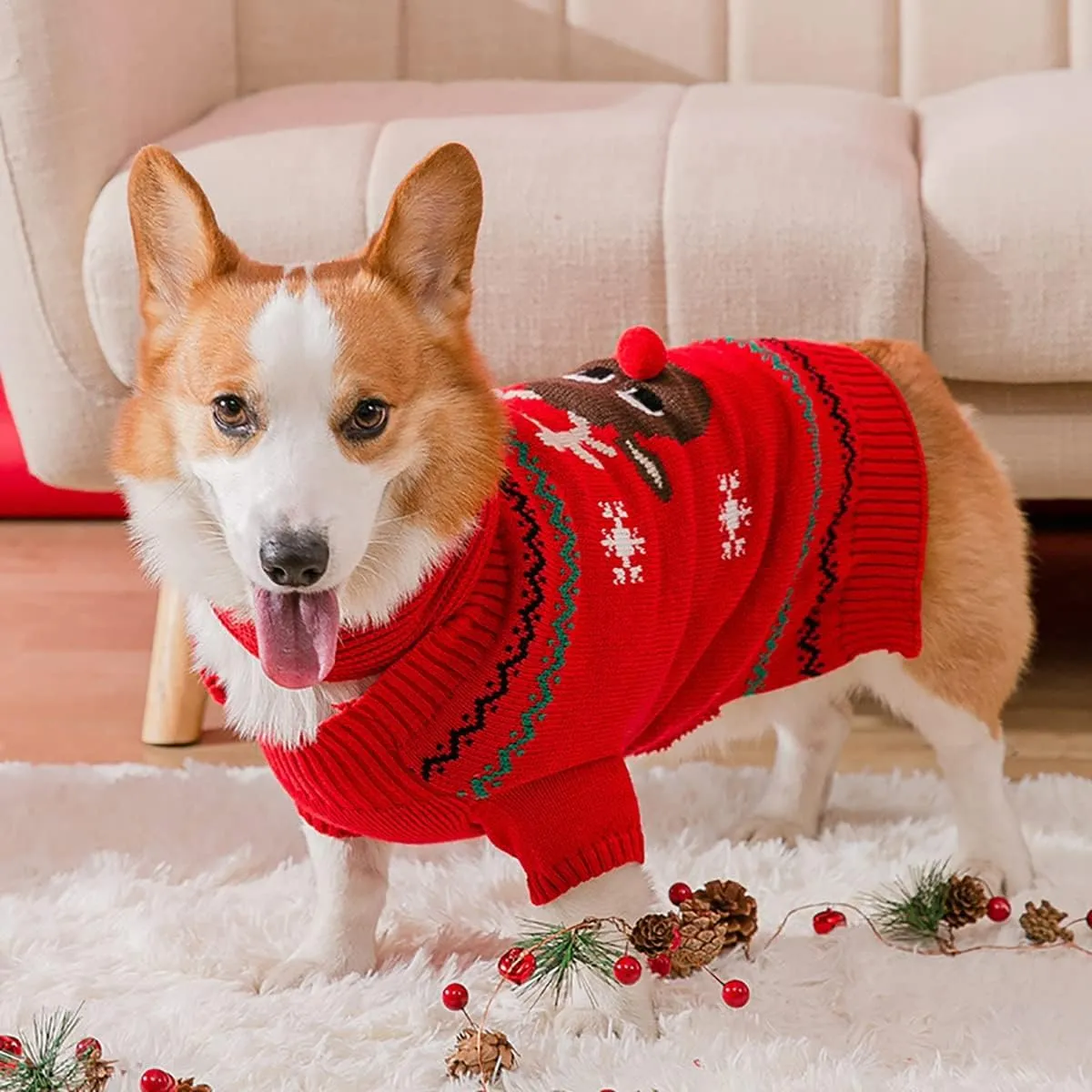 Maglioncino Natalizio per Cane o Gatto, Maglione di Natale per Cani e Gatti, Lavorato a Maglia, Caldo per l’Inverno (Cervo dal Naso Rosso, M) - immagine 6