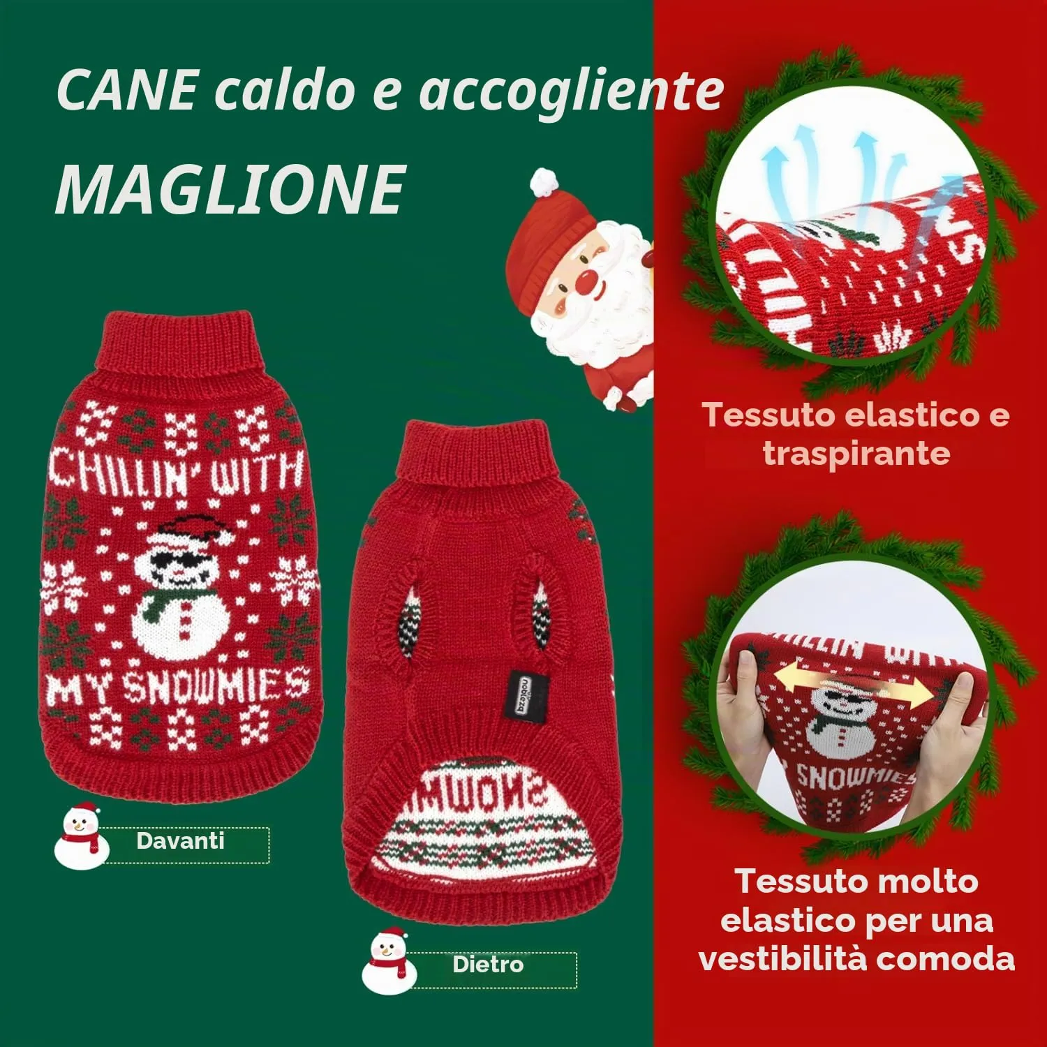 Nobleza - Maglioncino Natale Cane, Vestiti Natale Gatto Cane, Maglione per Cani con Motivo Pupazzo di Neve, Pullover a Maglia per Cani Caldo, Adatto a Gatti e Cani di Taglia Piccola o Media, M - immagine 4