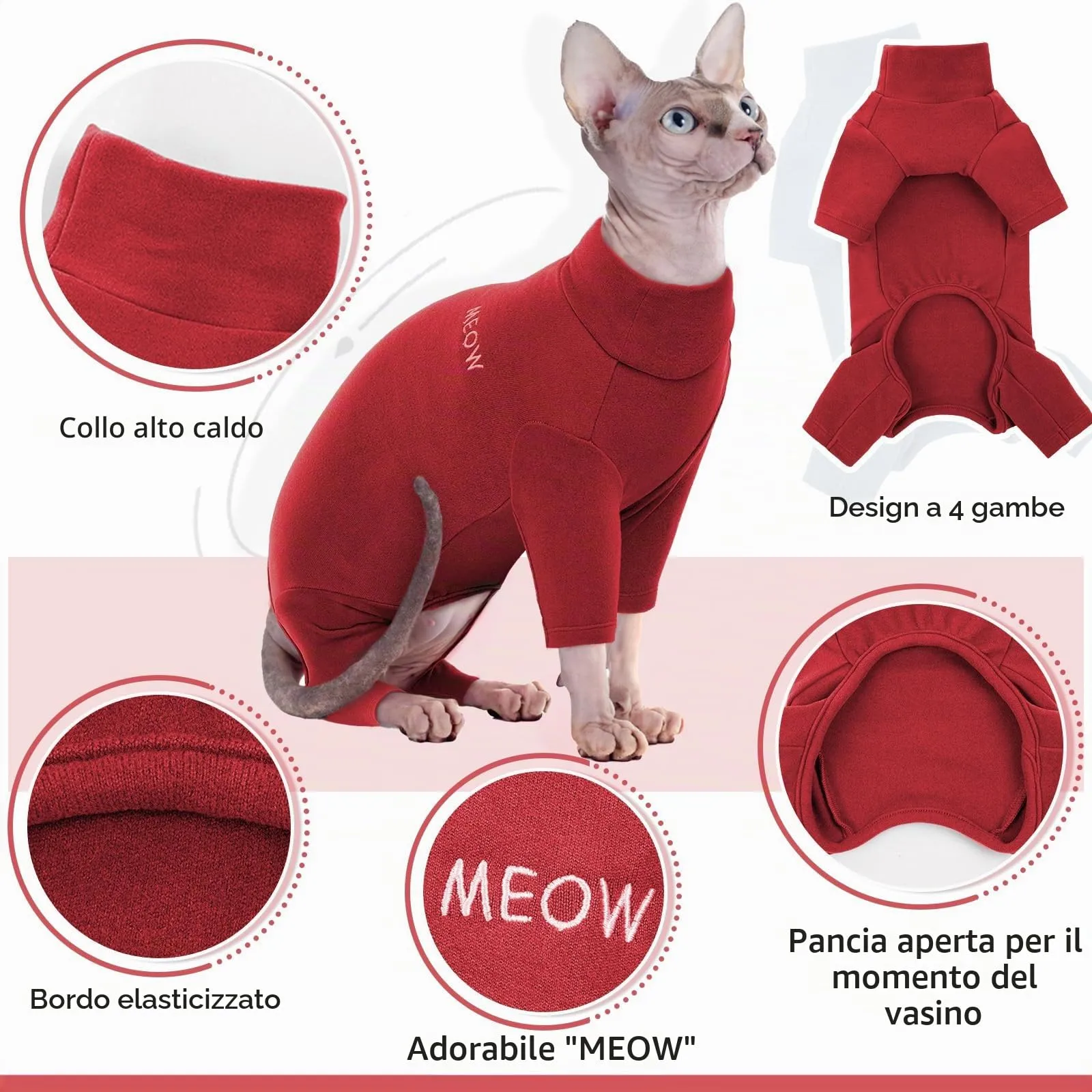 Cappottino Sphynx per Gatti, Maglioni e Flecce Morbide per Gatti - Vestiti Invernali con Quattro Zampe - Rosso, 2XL - immagine 4