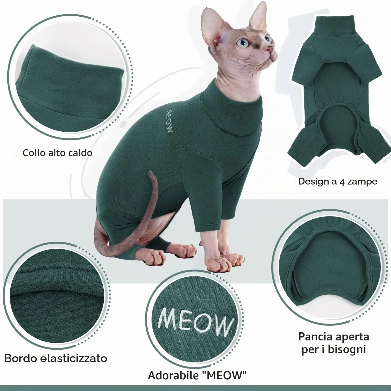 Cappotto Invernale Cani, Maglioncino a Collo Alto Giacca Fleece Antivento Pullover Caldo Gattini Pigiama Felpa Gilet Inverno Morbido per Gatti di Taglia Piccola Media Grande(Verde Scuro, M) - immagine 4