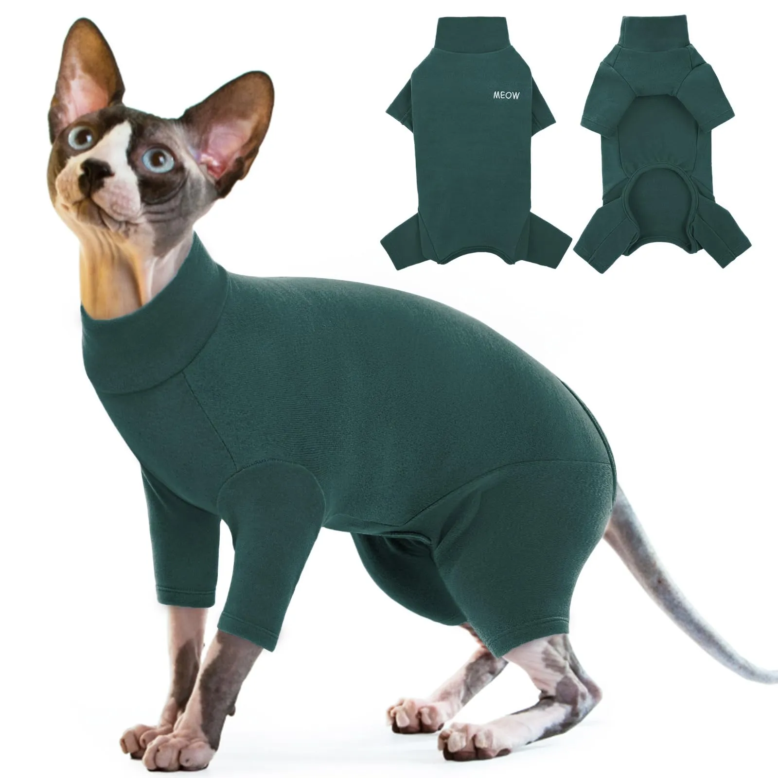 Maglione per Gatti Sphynx, Pigiama e Tuta Recupero Post Operatorio, Vestito dopo Chirurgia (Verde Scuro, L) - immagine 1
