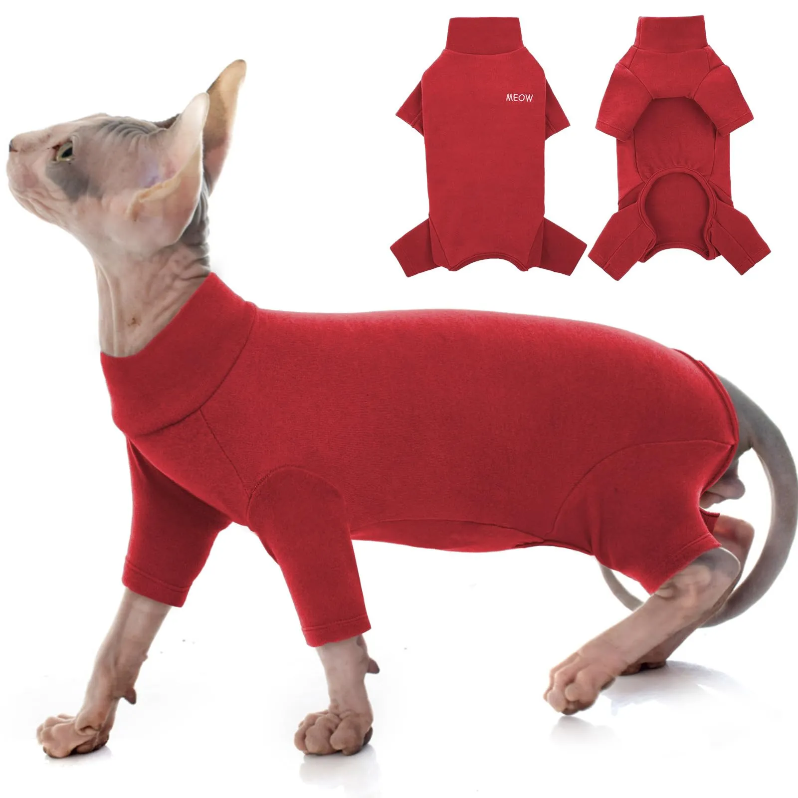 Pullover per Gatti Sphynx - Maglia a Collo Alto per Felini Senza Peli, Felpa Calda Invernale con Maniche per Cornish Rex/Devon Rex/Peterbald (Rosso, XS) - immagine 1