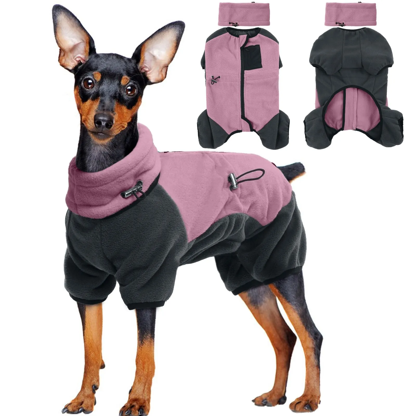 Giacca invernale per cani, maglione in pile con gambe, caldo pullover con sciarpa rimovibile/scaldacollo per cani, maglione a collo alto invernale caldo (rosa, XS) - immagine 1