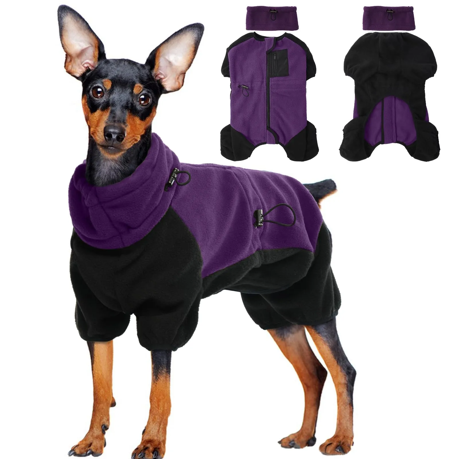 Cappotto invernale per cani di piccola taglia, in pile, con gambe, con cerniera, per cani di piccola taglia, facile da indossare in vestiti chihuahua, con tasca per sacchetti dei rifiuti (viola, S) - immagine 1