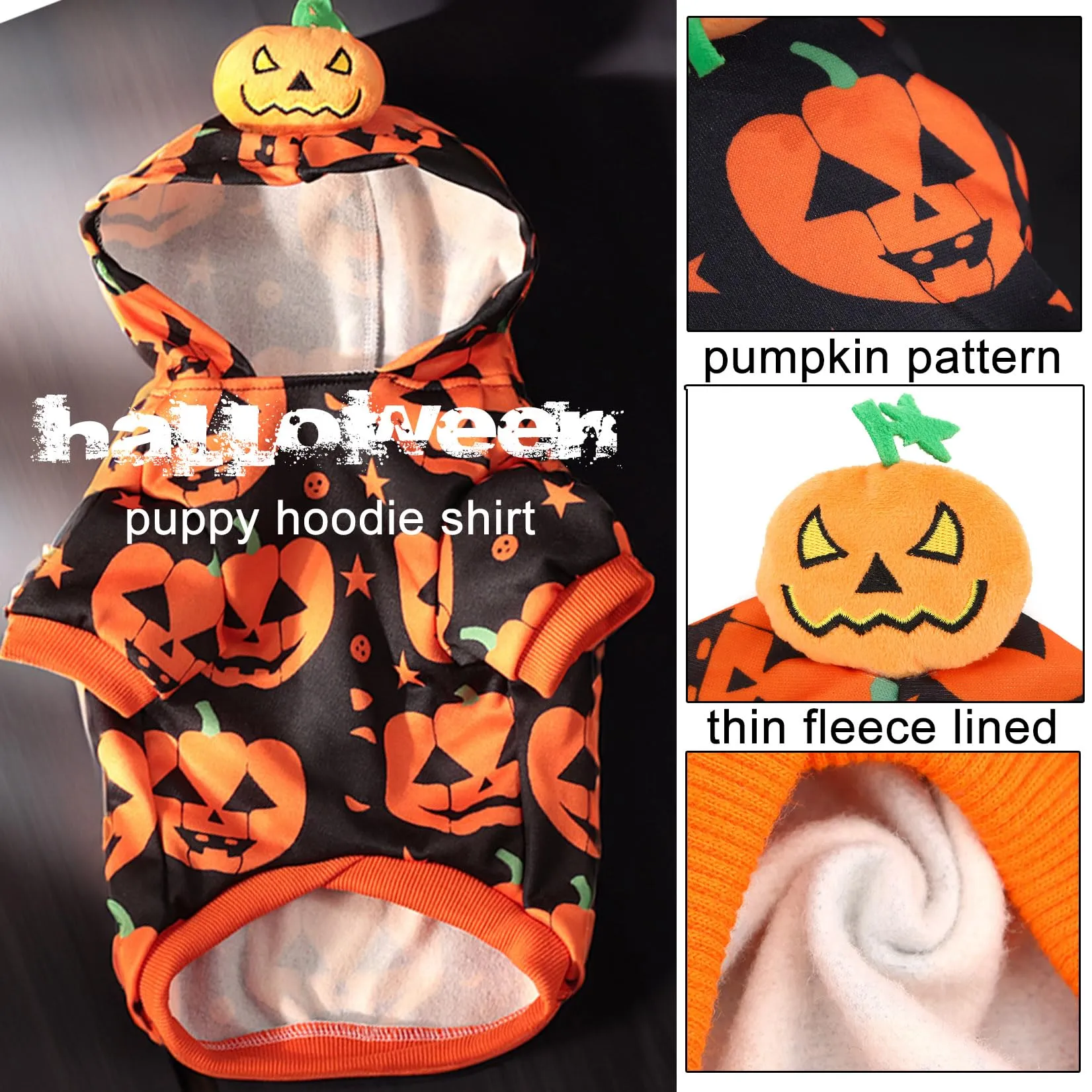 Zunea - Costume per Halloween da zucca per cane con cappuccio, tuta con cappuccio per cuccioli di taglia piccola, maglietta con cappuccio in pile, tuta da cosplay, tuta da zucca, felpa con cappuccio - immagine 4