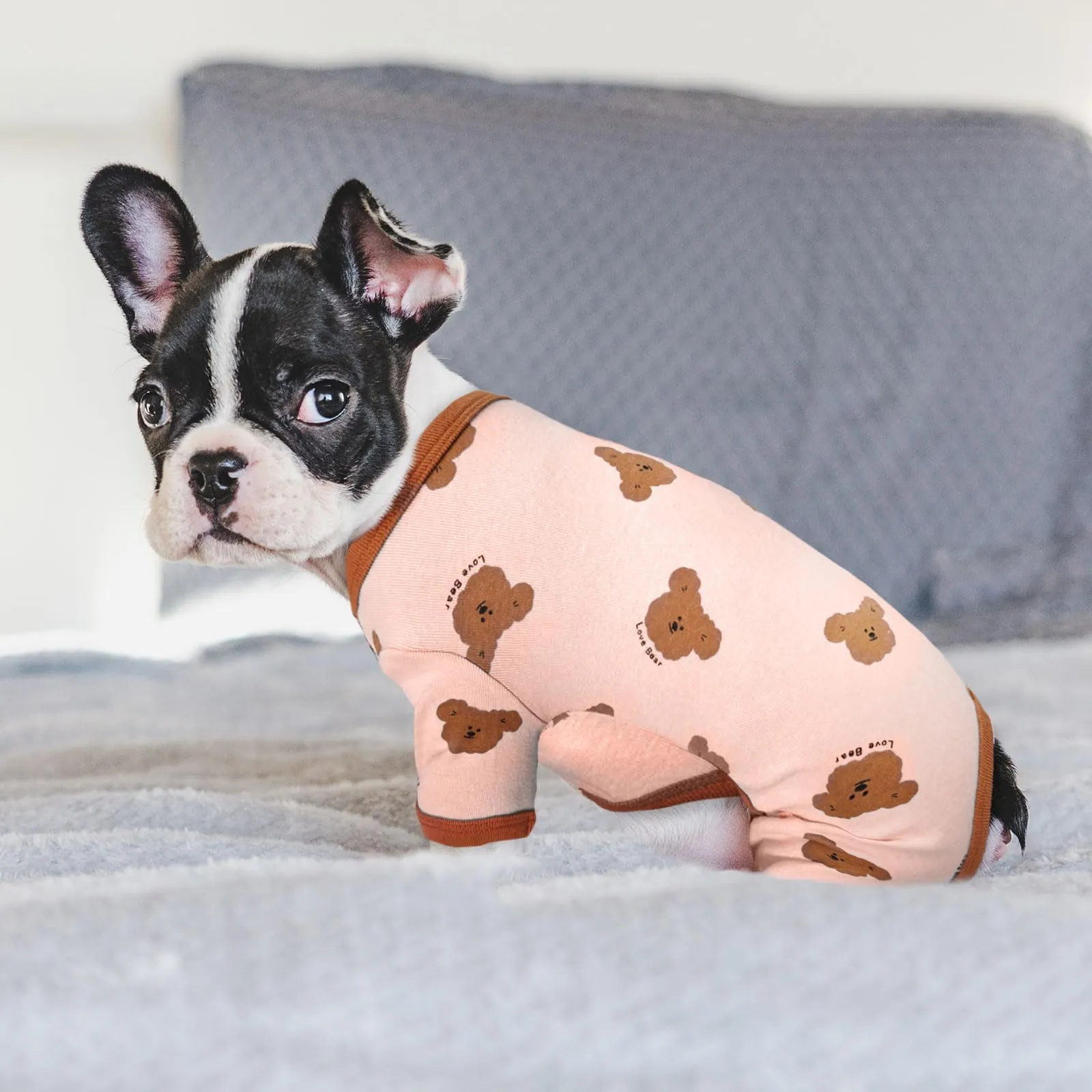 AXIIJGL Pigiama per cani di piccole dimensioni in cotone elastico tutine per cani comodi vestiti per cani extra piccoli tutine per cani carino orso stampato cane pigiama Bulldog francese vestiti - immagine 3