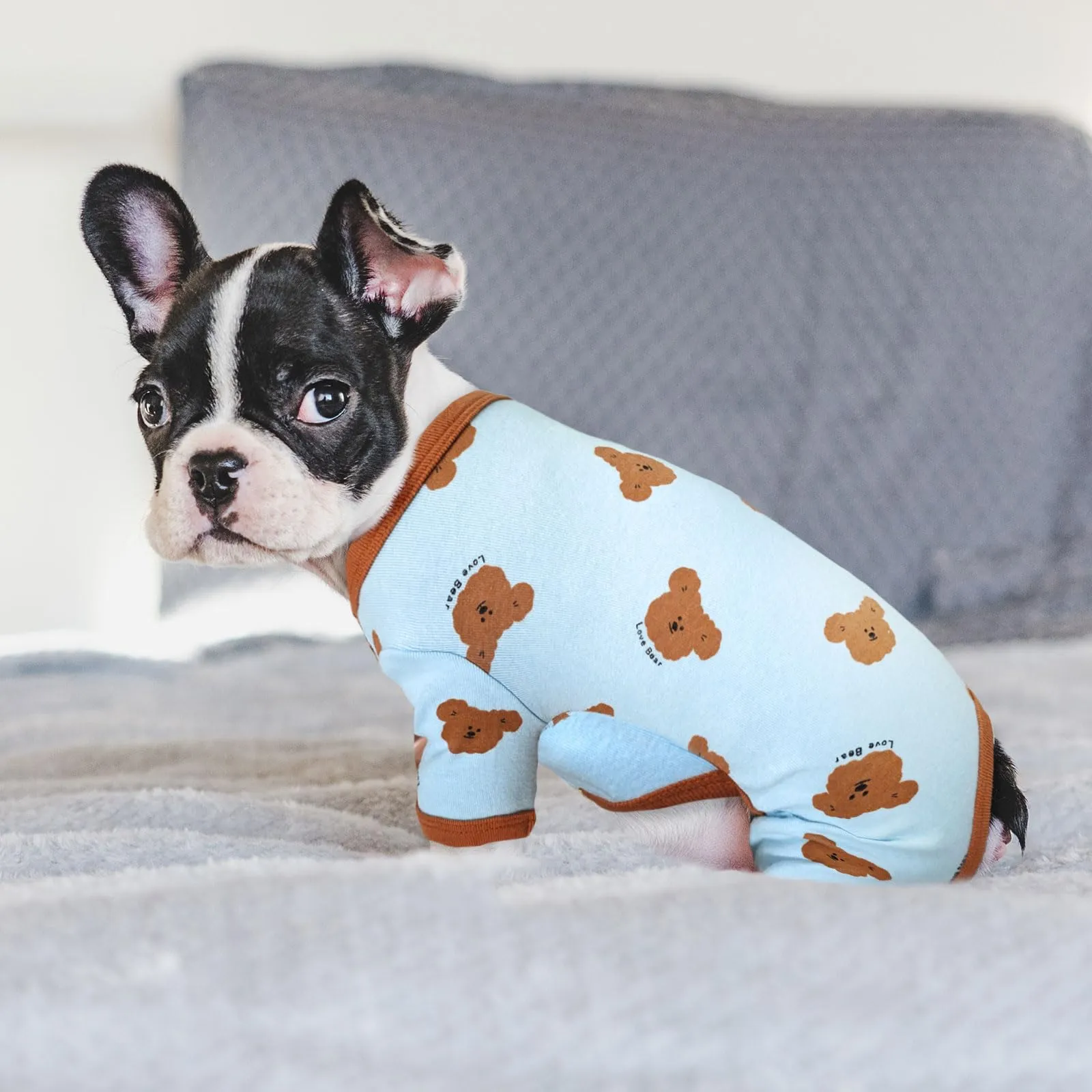 AXIIJGL Pigiama per cani di piccole dimensioni in cotone elastico tutine per cani comodi vestiti per cani extra piccoli tutine per cani carino orso stampato cane pigiama Bulldog francese vestiti - immagine 2