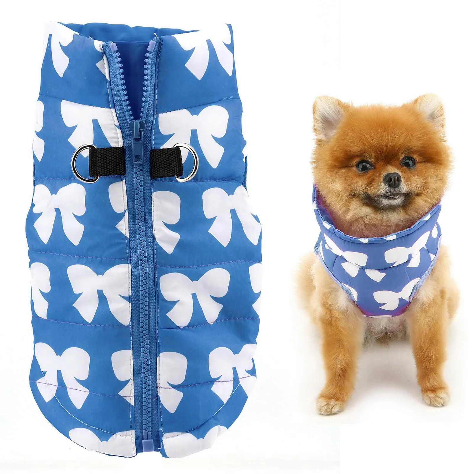 SMALLLEE_LUCKY_STORE Giacca invernale impermeabile per cani e gatti di piccola taglia, con cerniera, imbottita, mantello per cuccioli, Chihuahua, Yorkie, gattini, abbigliamento caldo, Blu scuro, S - immagine 1
