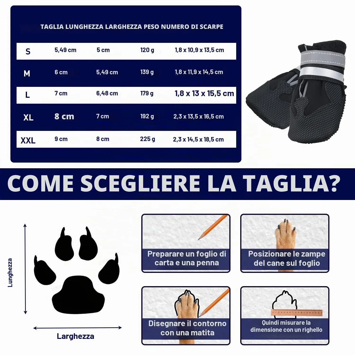 NeuWee Scarpe per Cani, 4 Pezzi scarpe per cani impermeabili con cinturini riflettenti, Suola antiscivolo Protezioni per zampe Stivali per Cani (Nero, M) - immagine 2