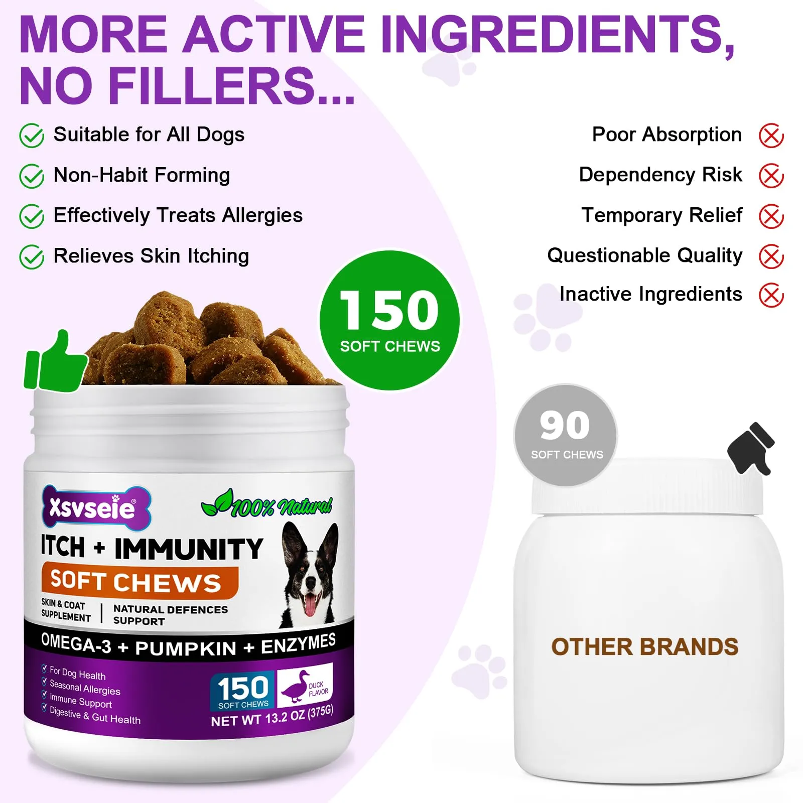 Feeliville Allergie Relief Dog Treats,150 Pezzi Prurito per la Pelle del Cane Che Mastica, Smetti di Prurito, Leccare, Graffiare, Allergie Stagionali, per Tutte Le Razze e Dimensioni di Cani,Anatra - immagine 2