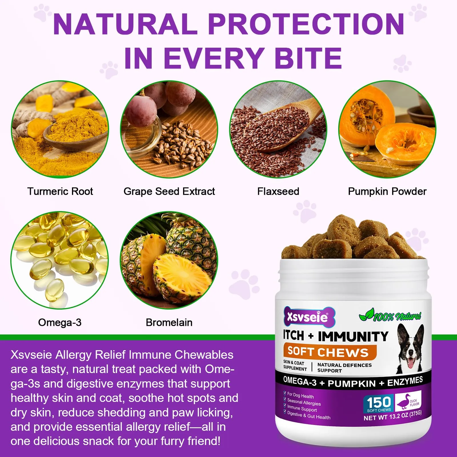 Feeliville Allergie Relief Dog Treats,150 Pezzi Prurito per la Pelle del Cane Che Mastica, Smetti di Prurito, Leccare, Graffiare, Allergie Stagionali, per Tutte Le Razze e Dimensioni di Cani,Anatra - immagine 7