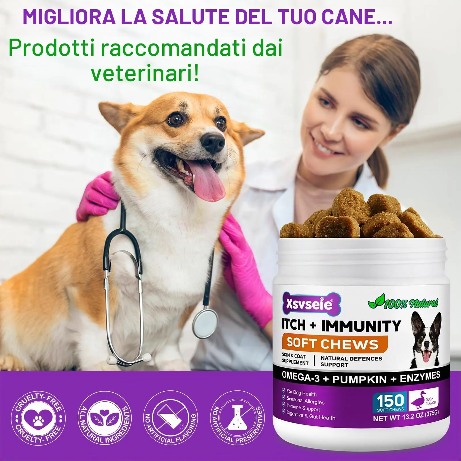 Feeliville Allergie Relief Dog Treats,150 Pezzi Prurito per la Pelle del Cane Che Mastica, Smetti di Prurito, Leccare, Graffiare, Allergie Stagionali, per Tutte Le Razze e Dimensioni di Cani,Anatra - immagine 8