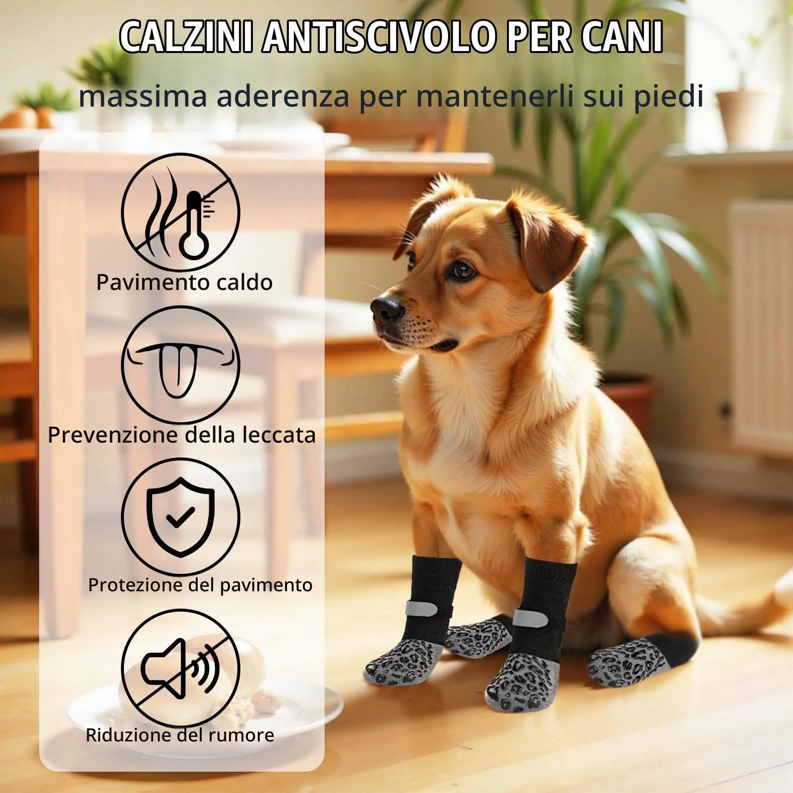 QKURT 2 Paia Calzini Antiscivolo per Cani, Protezioni per Zampe di Cane con Cinghie Regolabili, Protezione dalle Leccate alle Zampe, Calzini per Cani per Camminare sui Pavimenti in Legno,L - immagine 2