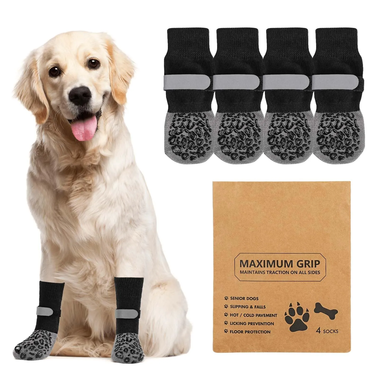 QKURT 2 Paia Calzini Antiscivolo per Cani, Protezioni per Zampe di Cane con Cinghie Regolabili, Protezione dalle Leccate alle Zampe, Calzini per Cani per Camminare sui Pavimenti in Legno,S - immagine 1
