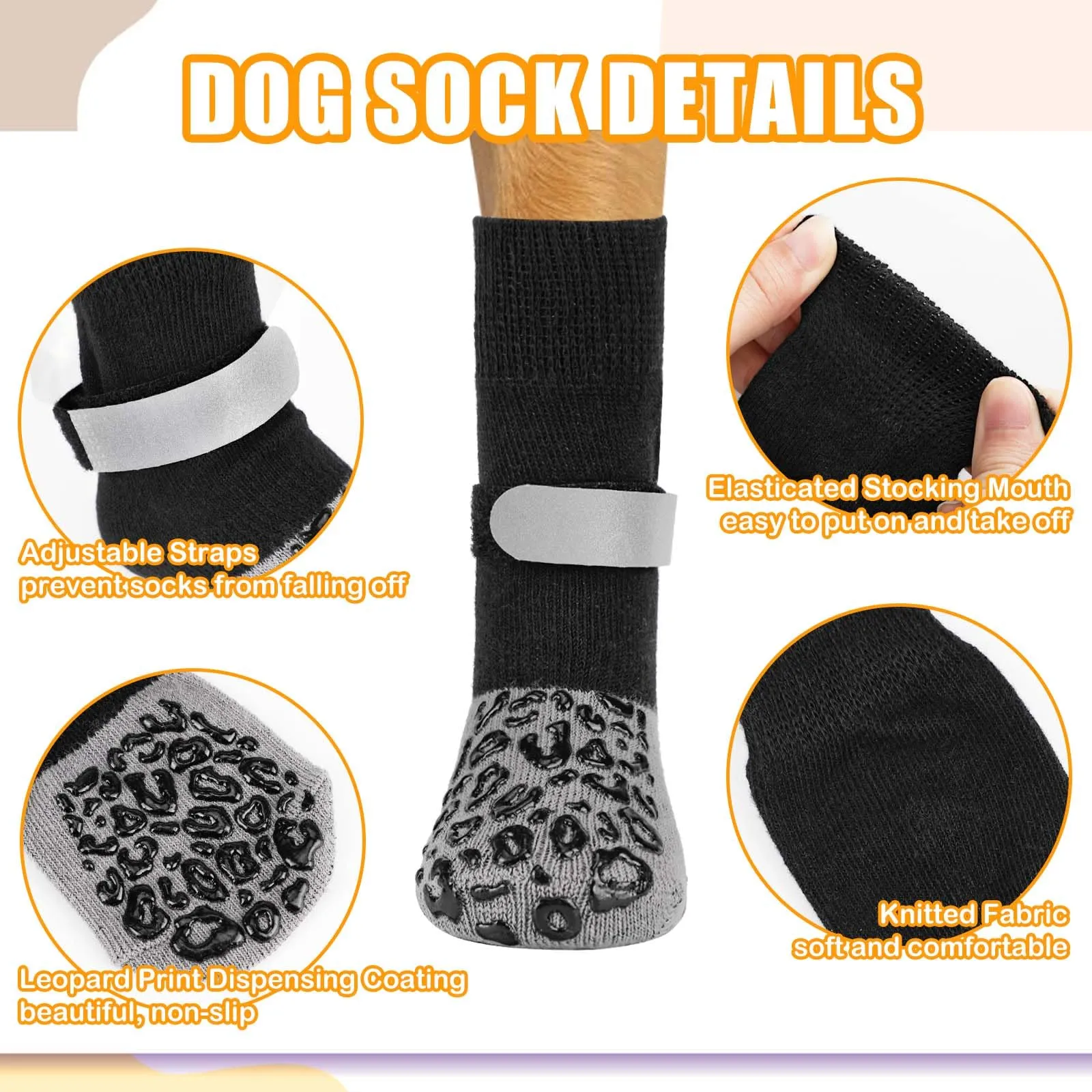 QKURT 2 Paia Calzini Antiscivolo per Cani, Protezioni per Zampe di Cane con Cinghie Regolabili, Protezione dalle Leccate alle Zampe, Calzini per Cani per Camminare sui Pavimenti in Legno,M - immagine 5