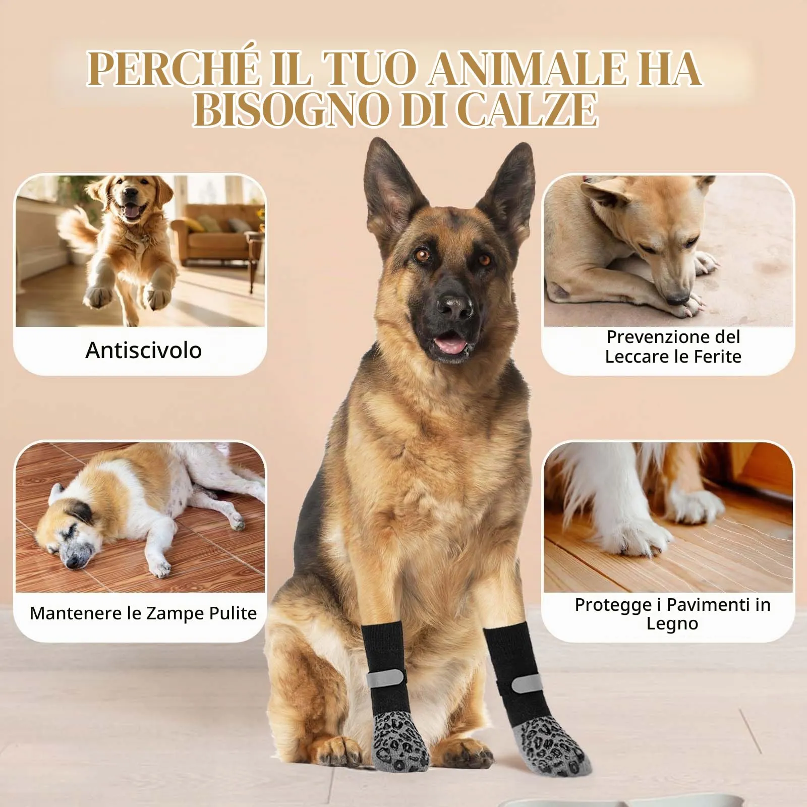 QKURT 2 Paia Calzini Antiscivolo per Cani, Protezioni per Zampe di Cane con Cinghie Regolabili, Protezione dalle Leccate alle Zampe, Calzini per Cani per Camminare sui Pavimenti in Legno,M - immagine 6