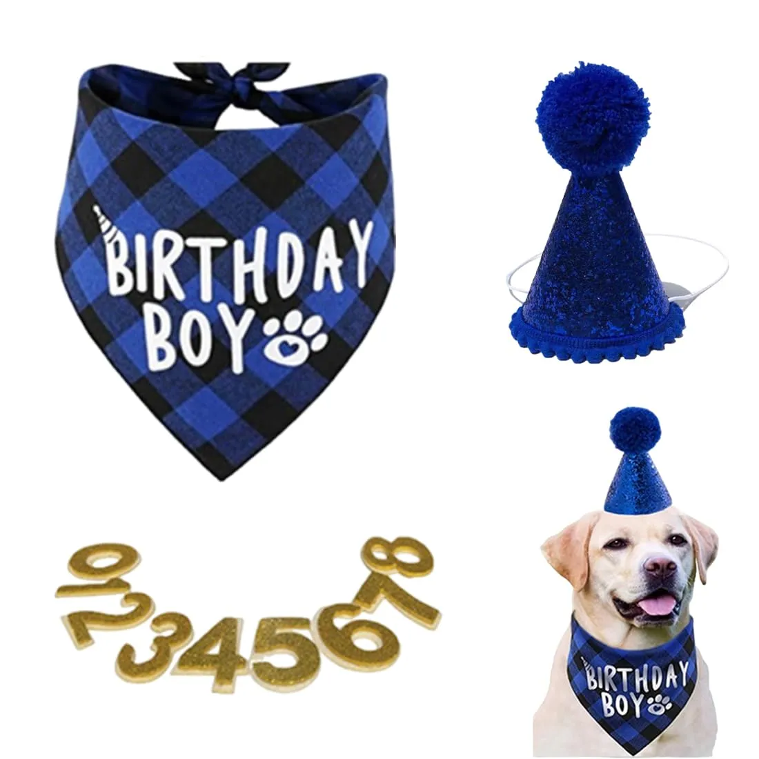 WUSJCOF Set Compleanno Cane 3 Pezzi, Bandana e Cappello con 8 Numeri Bling Adesivi, Regalo di Compleanno per Cani, Decorazioni per Festa di Compleanno Cane (Blu) - immagine 1