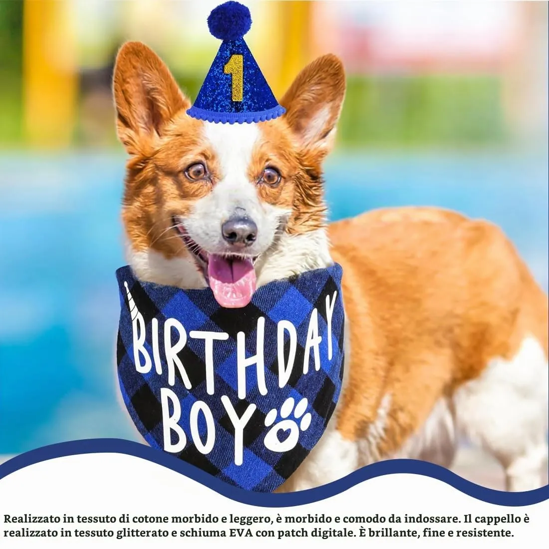 WUSJCOF Set Compleanno Cane 3 Pezzi, Bandana e Cappello con 8 Numeri Bling Adesivi, Regalo di Compleanno per Cani, Decorazioni per Festa di Compleanno Cane (Blu) - immagine 5