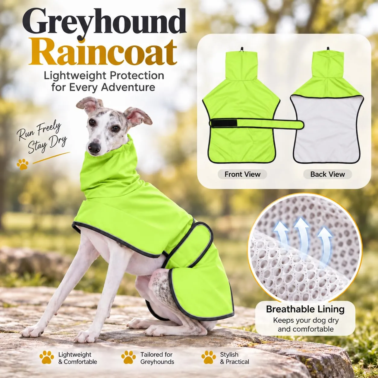 MOREZI Impermeabile Greyhound, giacca impermeabile per cani, foro per il collo e cintura regolabile, adatto a cani di taglia media e grande-Verde-M - immagine 3
