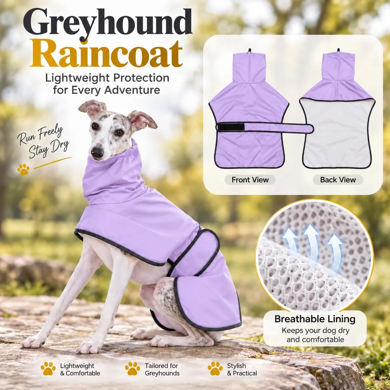 MOREZI Impermeabile Greyhound, giacca impermeabile per cani, foro per il collo e cintura regolabile, adatto a cani di taglia media e grande-Viola-L - immagine 3