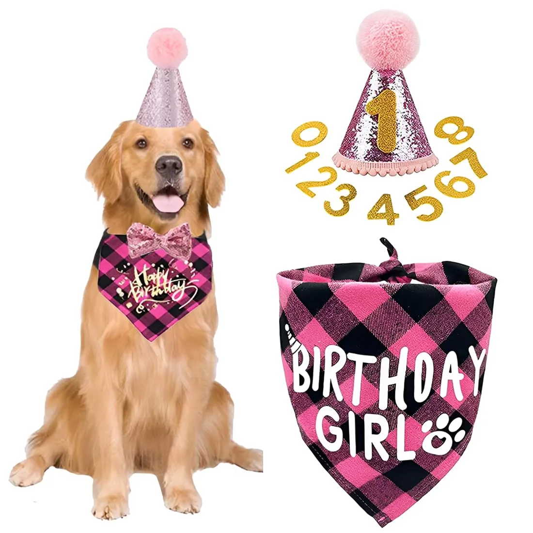 WUSJCOF Set Compleanno Cane 3 Pezzi, Bandana e Cappello con 8 Numeri Bling Adesivi, Regalo di Compleanno per Cani, Decorazioni per Festa di Compleanno Cane (rosa) - immagine 1
