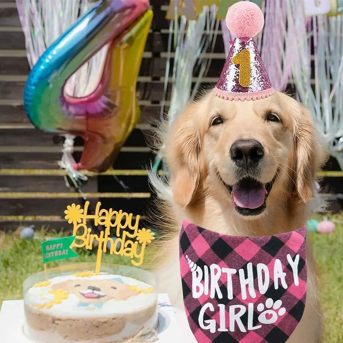 WUSJCOF Set Compleanno Cane 3 Pezzi, Bandana e Cappello con 8 Numeri Bling Adesivi, Regalo di Compleanno per Cani, Decorazioni per Festa di Compleanno Cane (rosa) - immagine 5