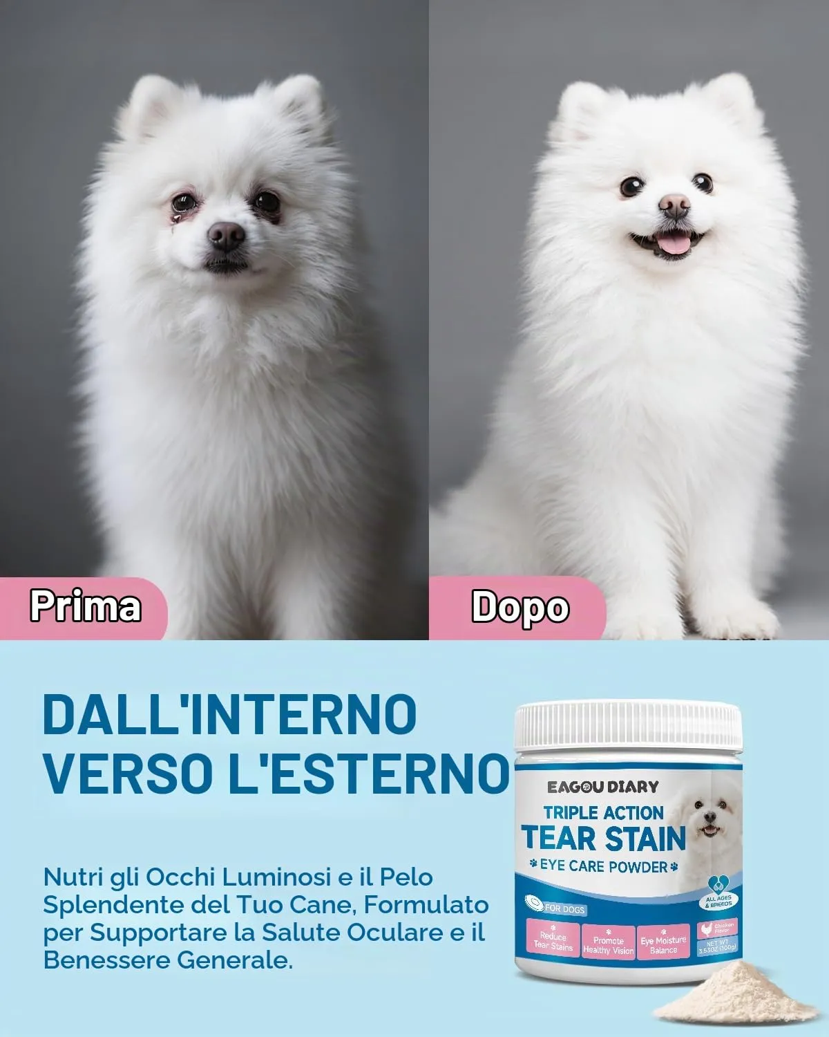 Rimuovi Macchie Lacrimali per Cani, Idrata Gli Occhi, Protegge Vista 100g - immagine 3