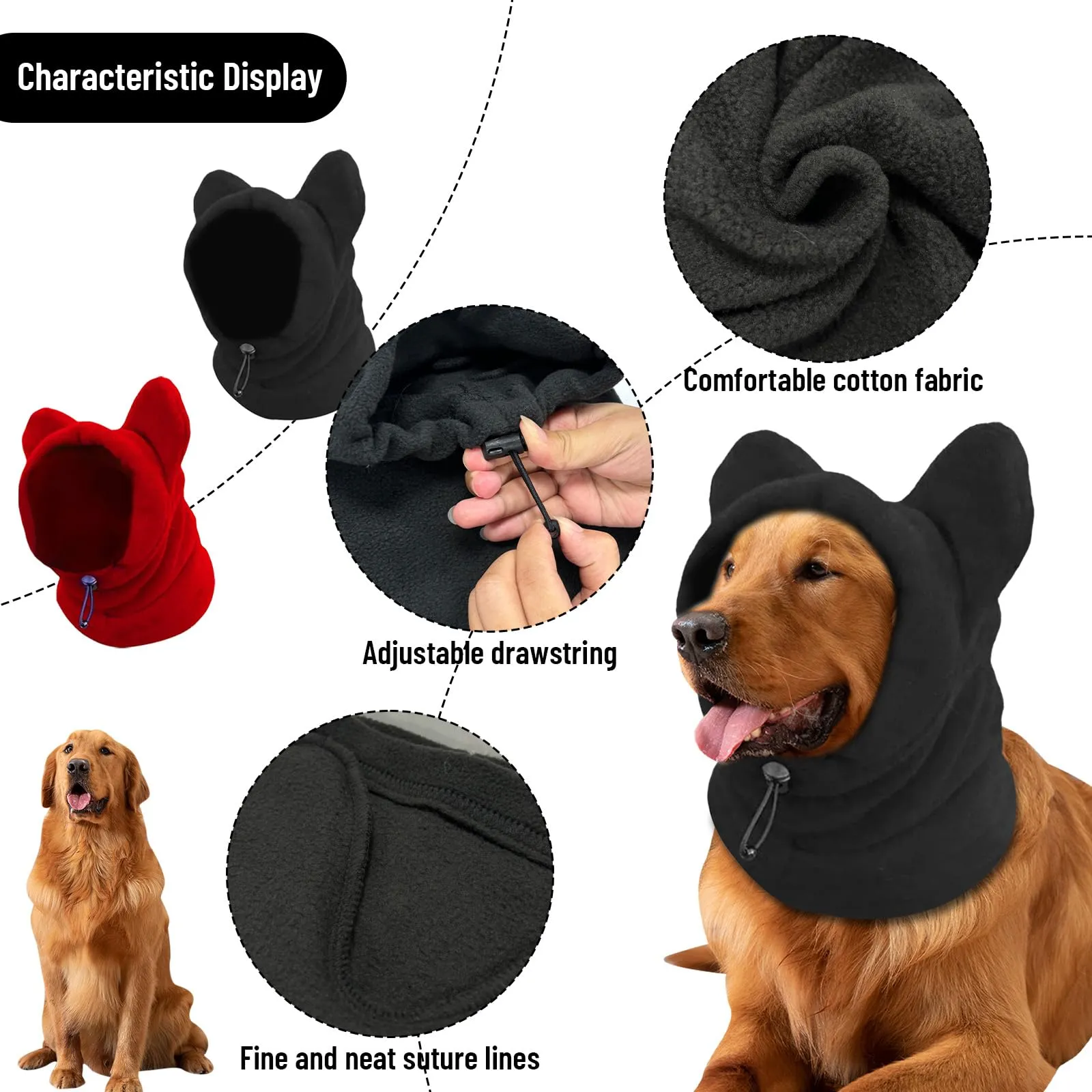 2 Pezzi Cappello per Cani, ZoneYan Paraorecchie Cane, Calmante per Cani, Paraorecchie Cocker, Cappello Cani, Antirumore, Caldo (Rosso+Nero, M) - immagine 4