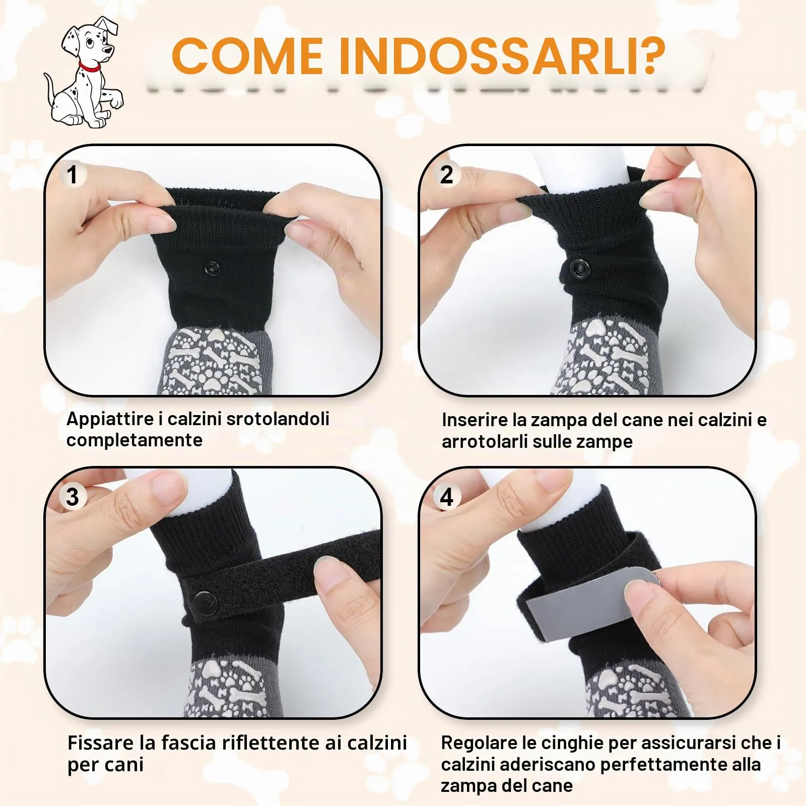 QKURT 2 Paia Calzini Antiscivolo per Cani, Protezioni per Zampe di Cane con Cinghie Regolabili, Protezione dalle Leccate alle Zampe, Calzini per Cani per Camminare sui Pavimenti in Legno,M - immagine 4