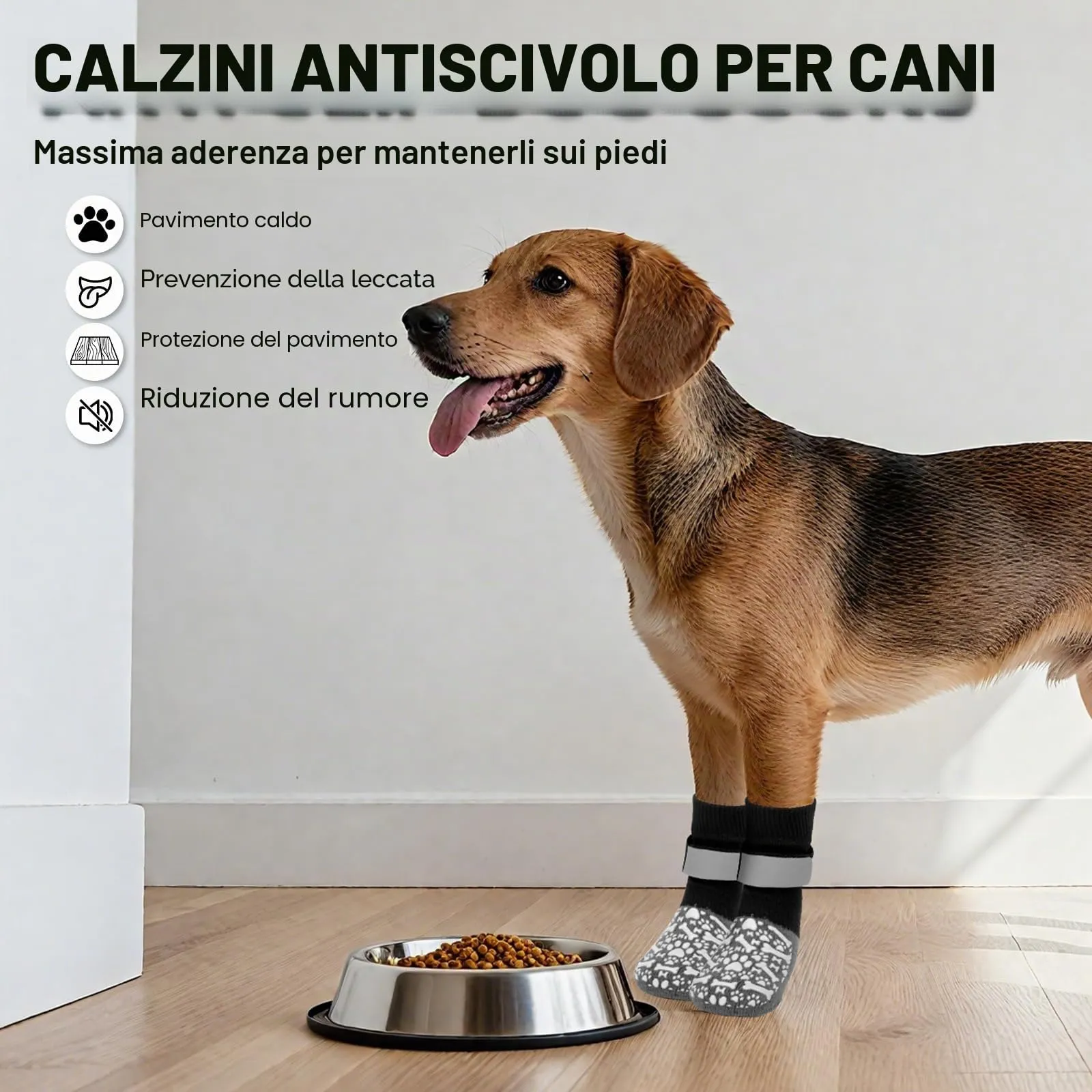 QKURT 2 Paia Calzini Antiscivolo per Cani, Protezioni per Zampe di Cane con Cinghie Regolabili, Protezione dalle Leccate alle Zampe, Calzini per Cani per Camminare sui Pavimenti in Legno,S - immagine 2